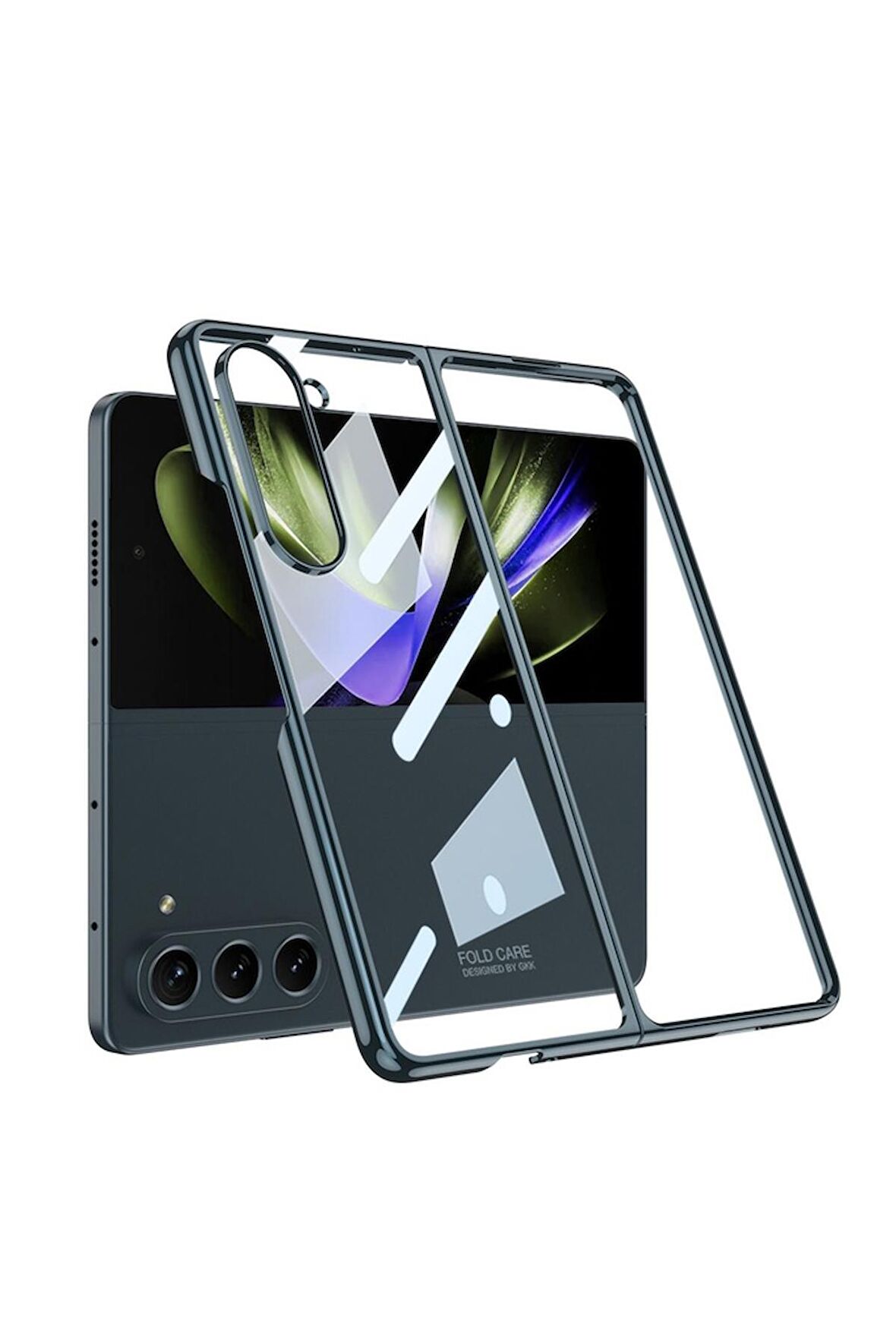 Samsung Galaxy Z Fold 5 Uyumlu Kılıf Full Camlı Kıpta Kapak Gümüş Yeşili