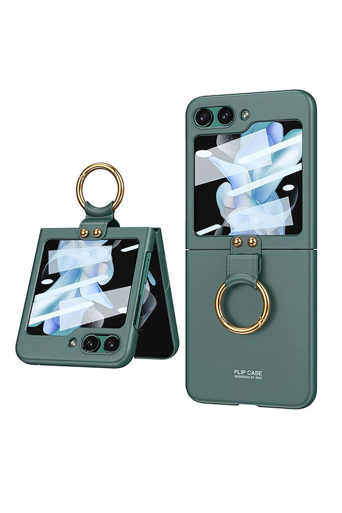 Samsung Galaxy Z Flip 5 Uyumlu Kılıf Kıpta Yüzüklü Flip Sert Kapak Koyu Yeşil