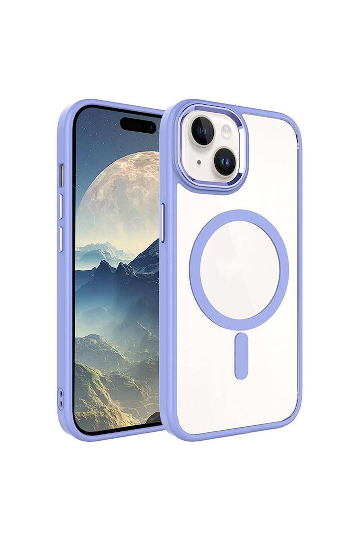 Apple iPhone 15 Plus Uyumlu Kılıf Wireless Şarj Özellikli Krom Magsafe Silikon Kapak Lila