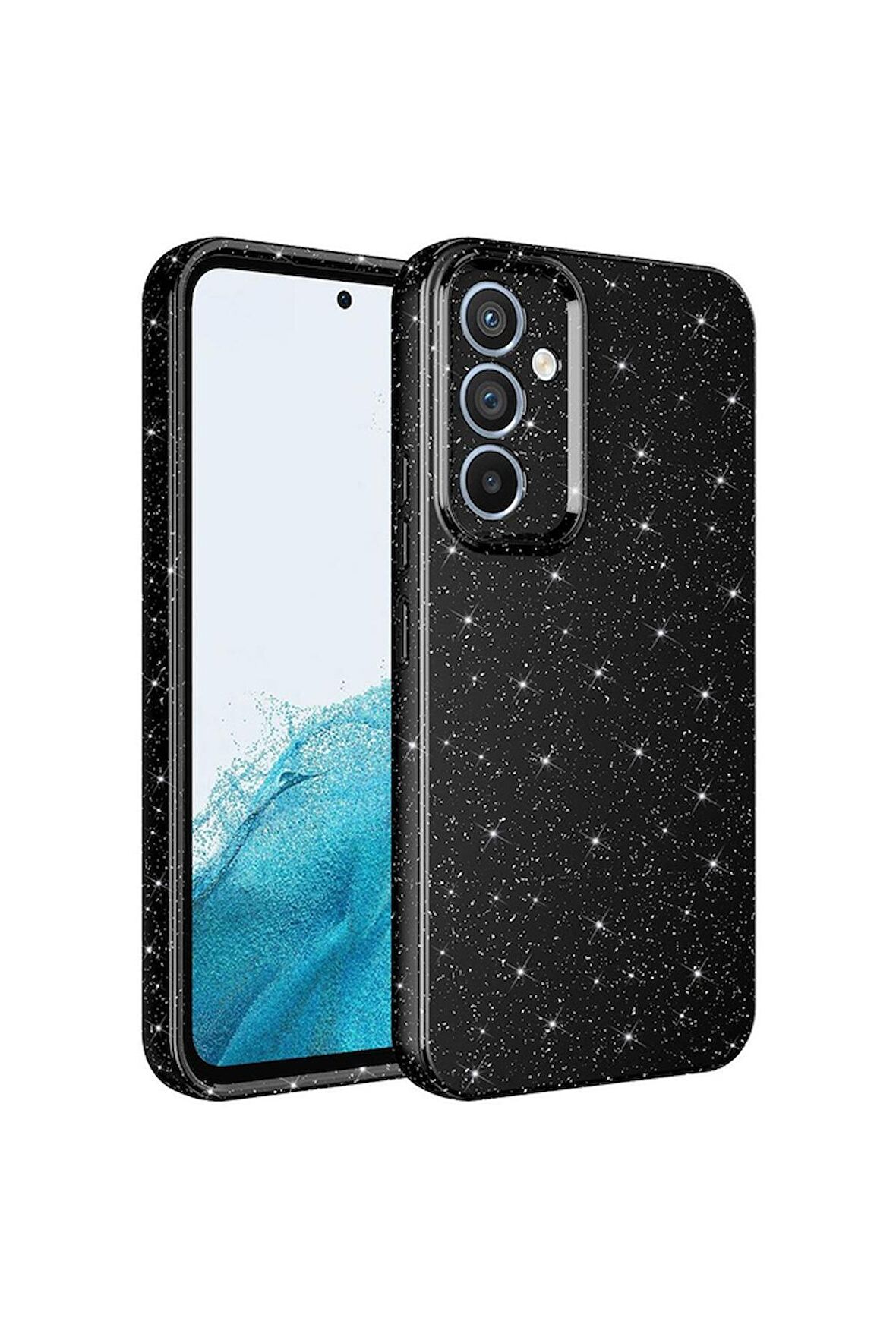 Samsung Galaxy A54 Uyumlu Kılıf Kamera Korumalı Simli Lüks Koton Kapak Siyah