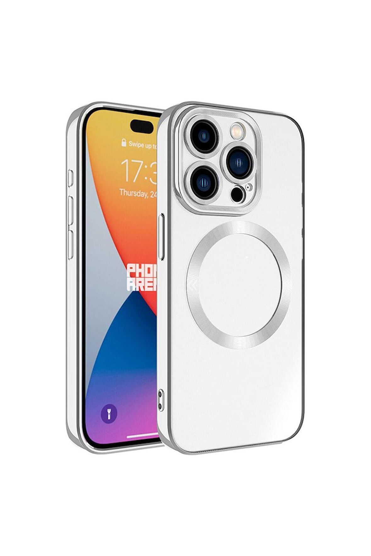 Apple iPhone 15 Pro Max Uyumlu Kılıf Magsafe Wireless Şarj Özellikli Setro Silikon Gümüş