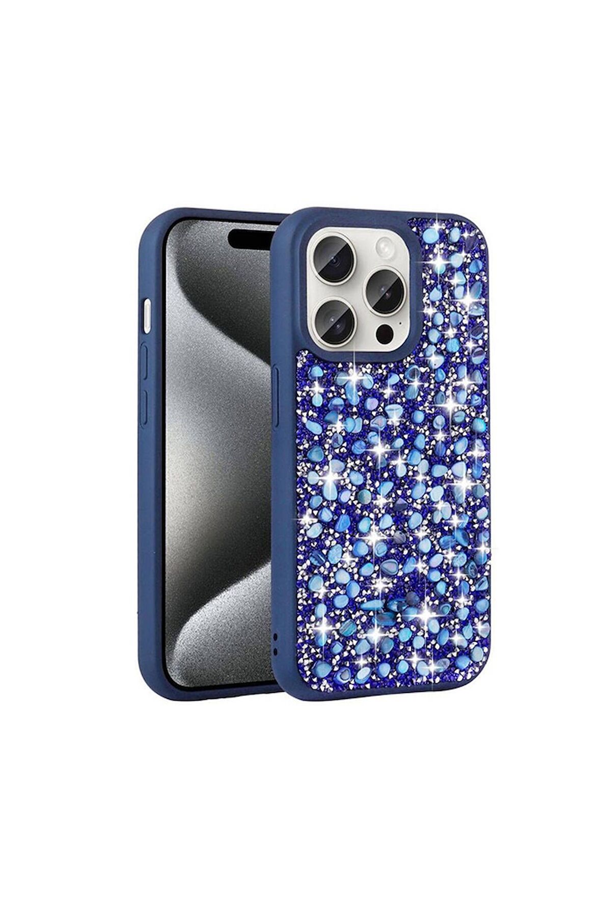 Apple iPhone 15 Pro Max Uyumlu Kılıf Parlak Taşlı Tasarım Linea Diamond Kapak Lacivert