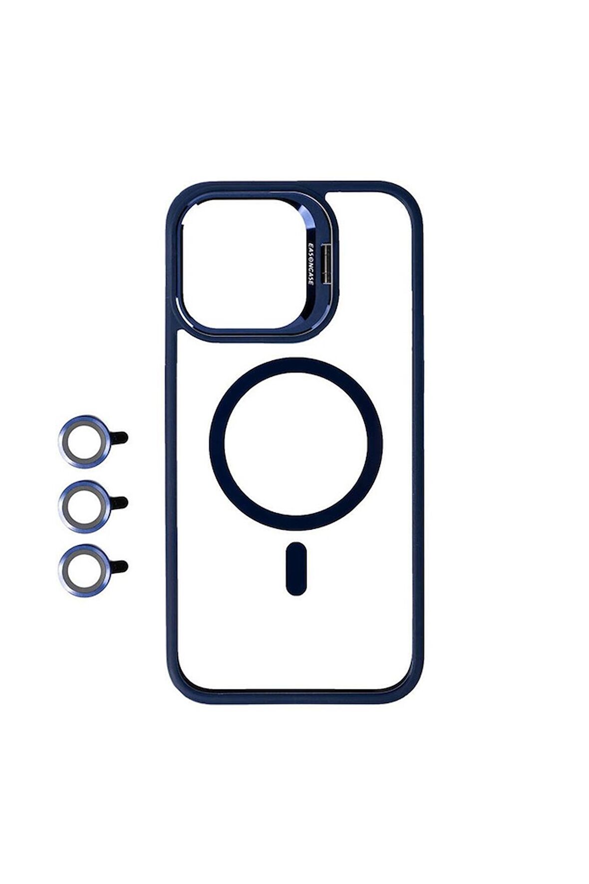 Apple iPhone 15 Pro Uyumlu Kılıf Magsafe Wireless Şarj Özellikli Standlı Magsafe Klon Lensli Kapak Lacivert