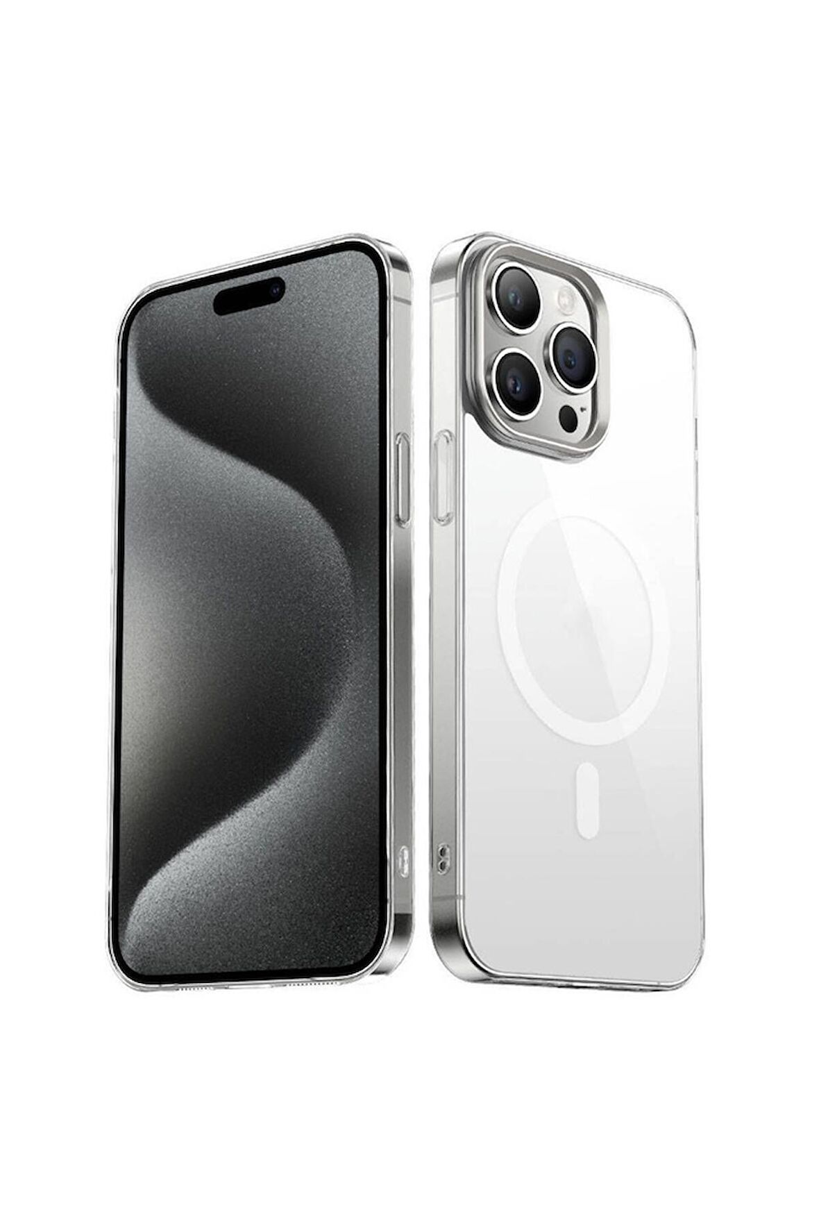 Apple iPhone 15 Pro Max Uyumlu Kılıf Wireless Şarj Özellikli Şeffaf G-Glass Kapak Gümüş