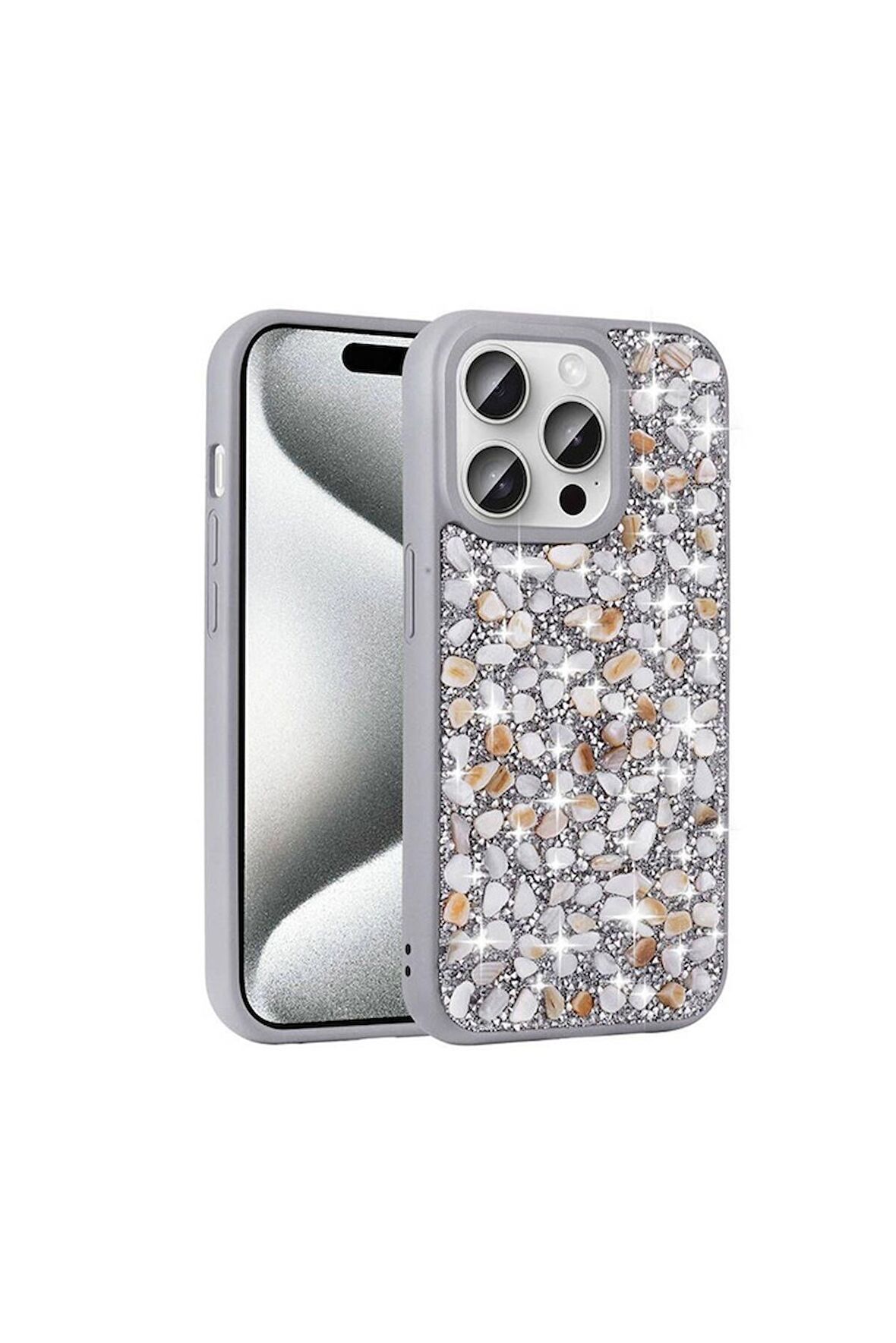 Apple iPhone 15 Pro Uyumlu Kılıf Parlak Taşlı Tasarım Linea Diamond Kapak Gümüş