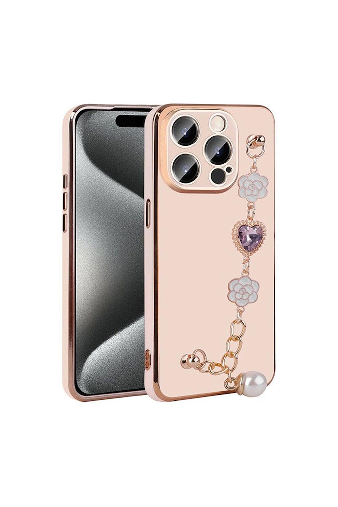 Apple iPhone 15 Pro Max Uyumlu Kılıf El Tutamaçlı Kamera Korumalı Taka Silikon Kapak Pembe