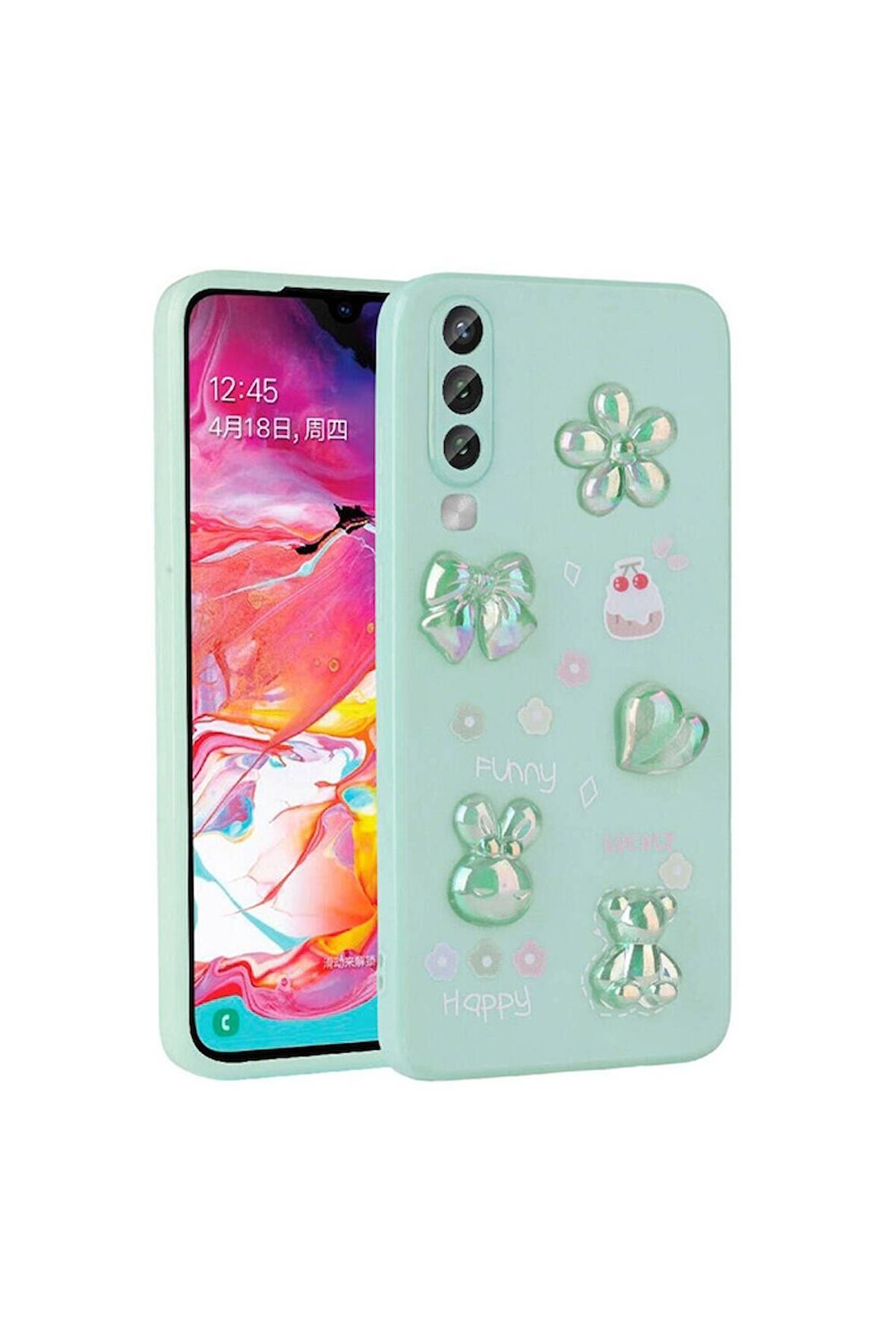 Samsung Galaxy A70 Uyumlu Kılıf Kabartma Figürlü Parlak Toys Silikon Kapak Açık Yeşil