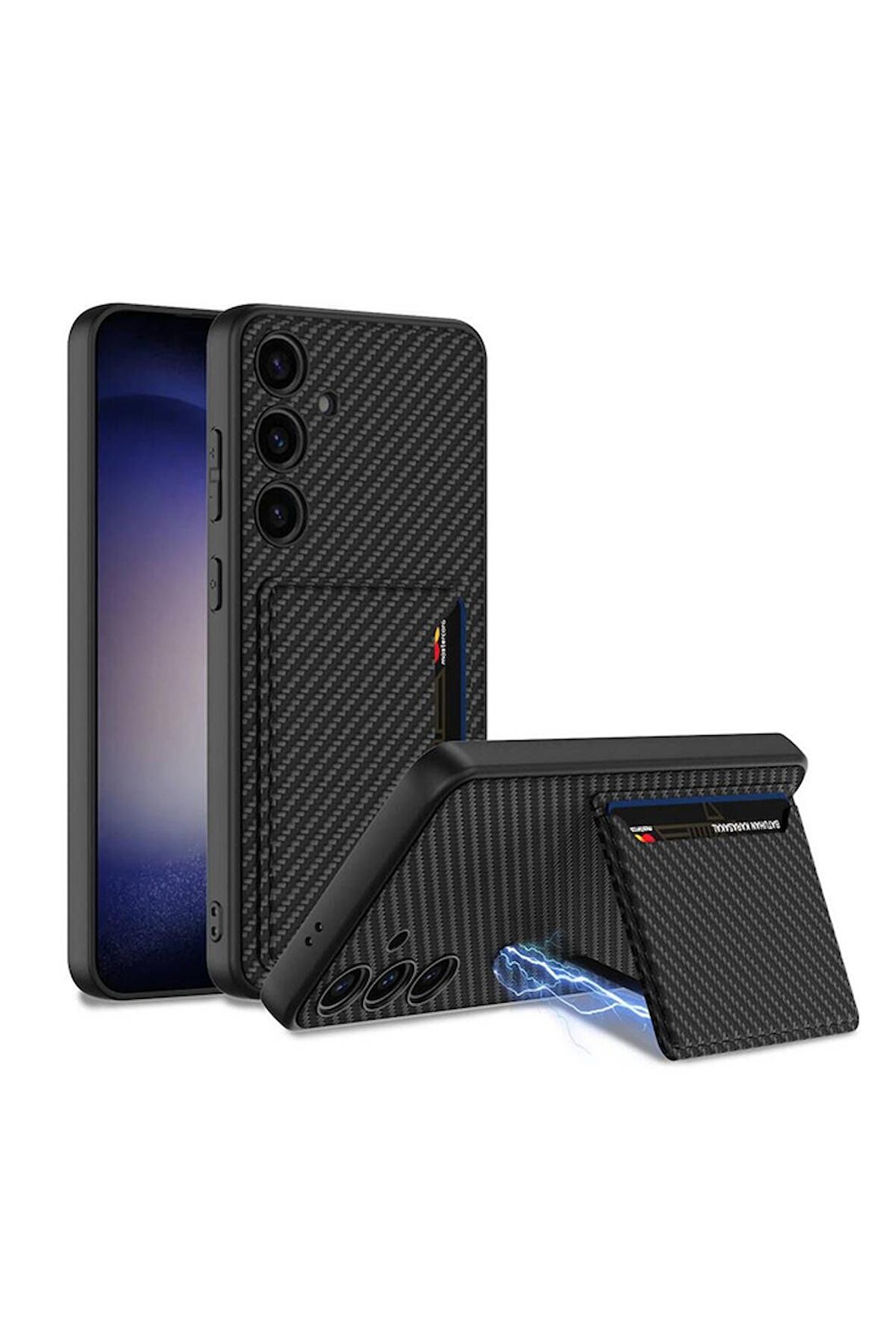 Samsung Galaxy S24 Uyumlu Suni Deri Arka Yüzey Kartlıklı Kıpta Silikon Kapak Siyah Karbon