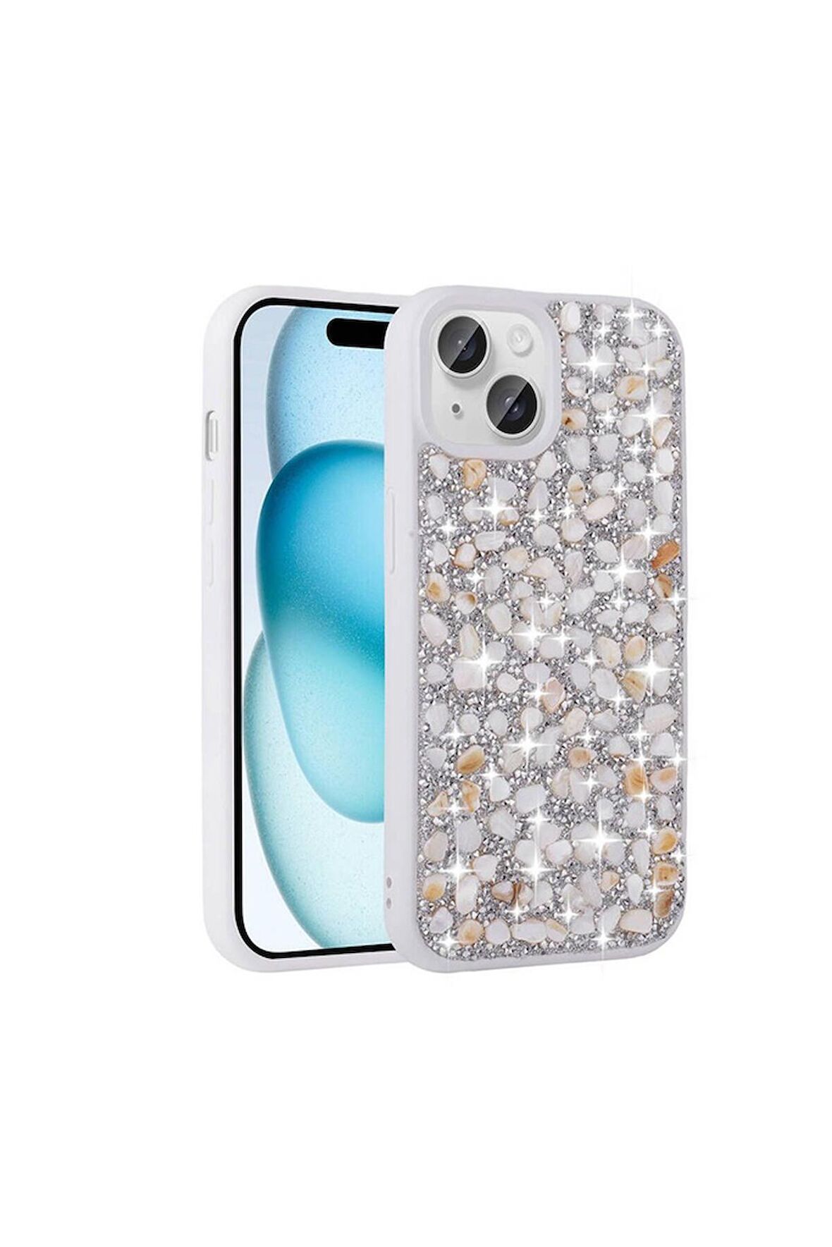 Apple iPhone 15 Plus Uyumlu Kılıf Parlak Taşlı Tasarım Linea Kapak Beyaz