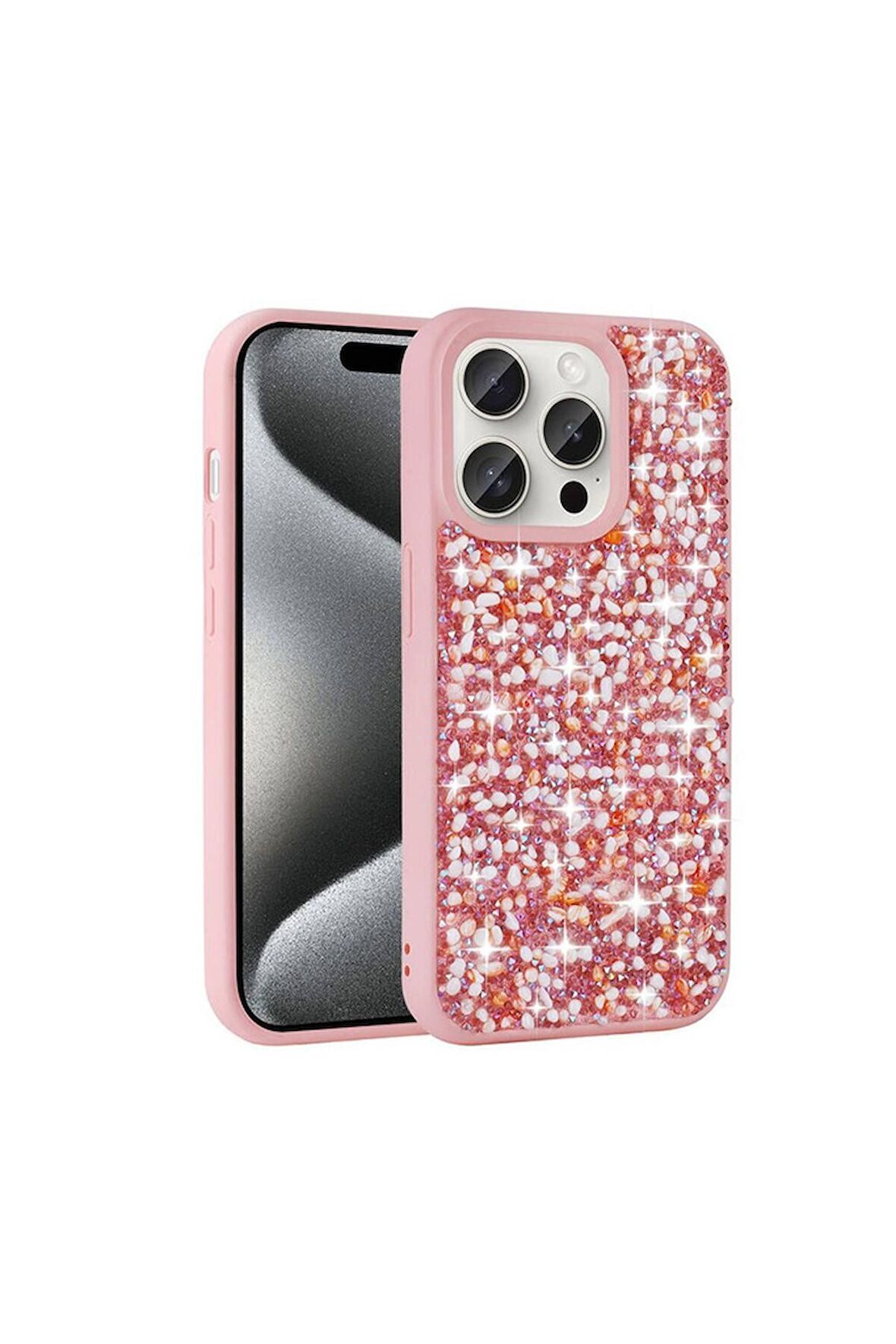 Apple iPhone 15 Pro Max Uyumlu Kılıf Parlak Taşlı Tasarım Linea Kapak Pembe