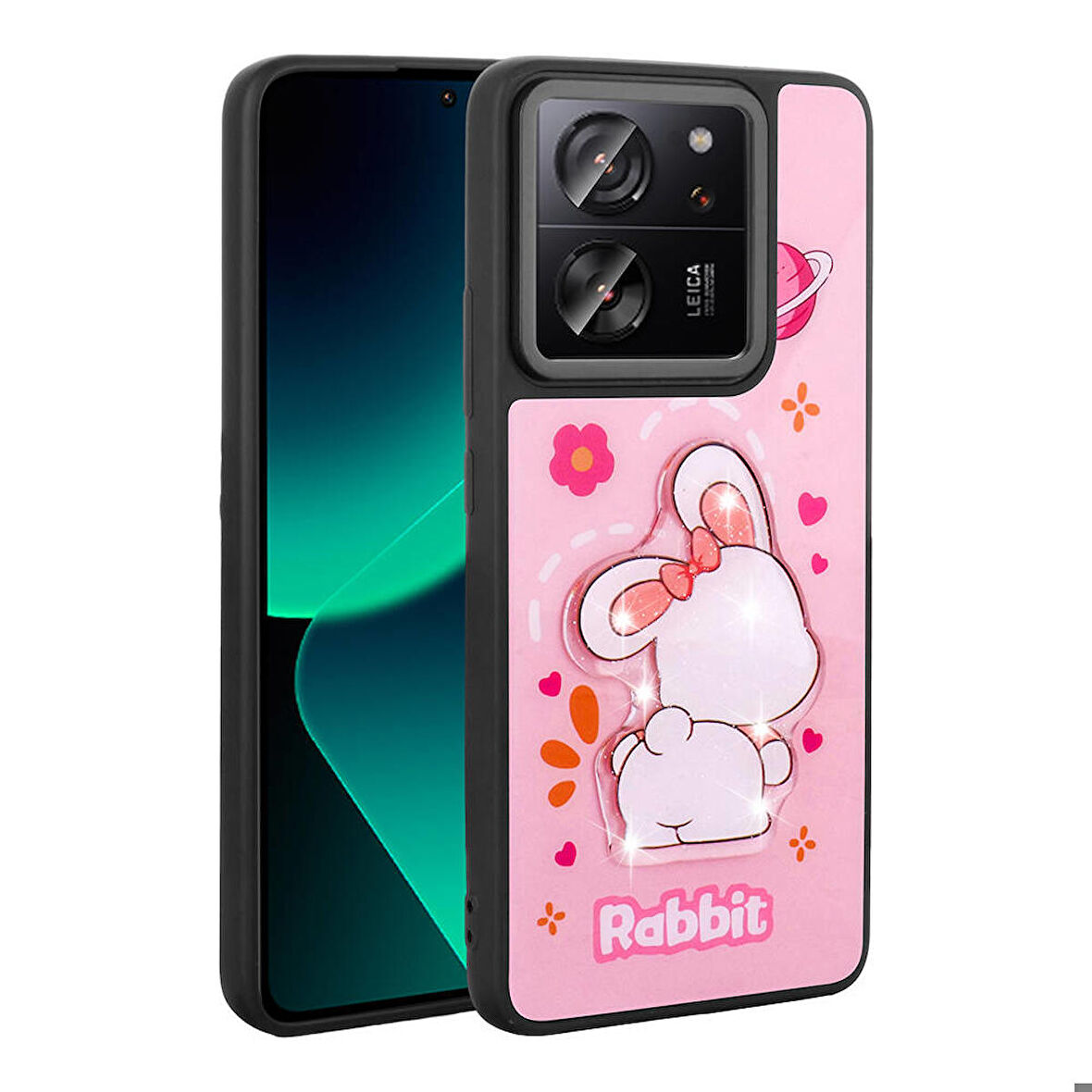 Xiaomi Mi 13T Pro Uyumlu Kılıf Parlayan Kabartmalı İkonik Figürlü Amas Silikon Kapak Pembe