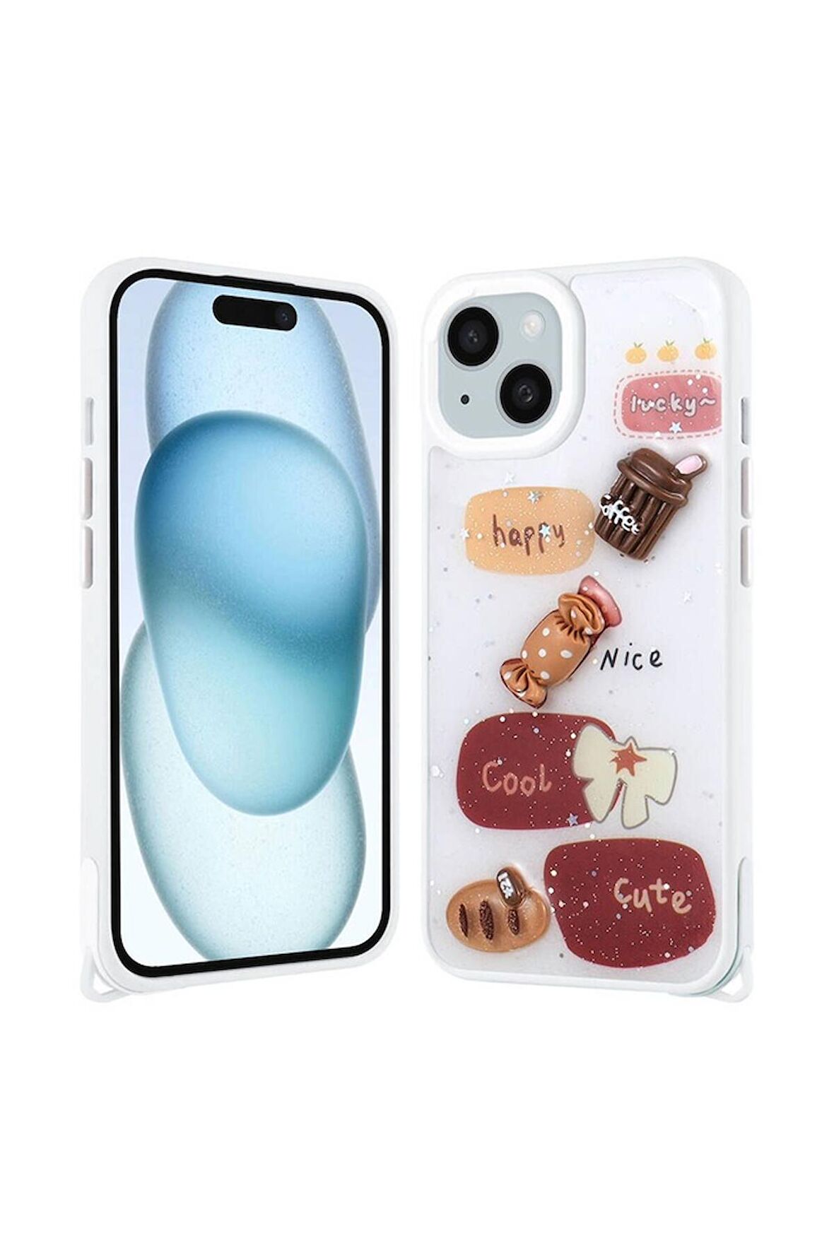 Apple iPhone 15 Uyumlu Kılıf Parlayan Sıvılı Simli Kabartma Figürlü Cevze Kapak Beyaz