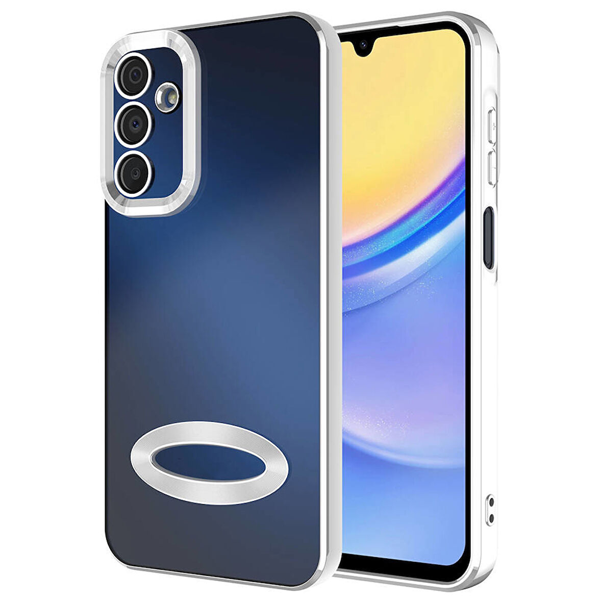 Samsung Galaxy A15 Uyumlu Kılıf Kamera Korumalı Logo Gösteren Omega Kapak Gümüş
