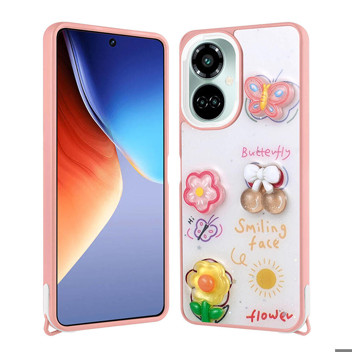 Tecno Camon 19 Pro Uyumlu Kılıf Parlayan Sıvılı Simli Kabartma Figürlü Cevze Kapak Pembe