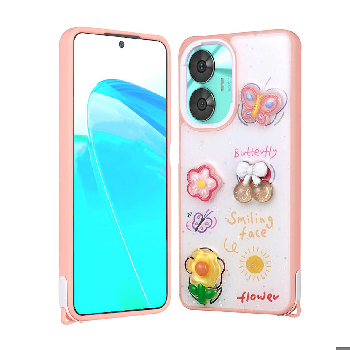 Realme C55 4G Uyumlu Kılıf Parlayan Sıvılı Simli Kabartma Figürlü Cevze Kapak Pembe