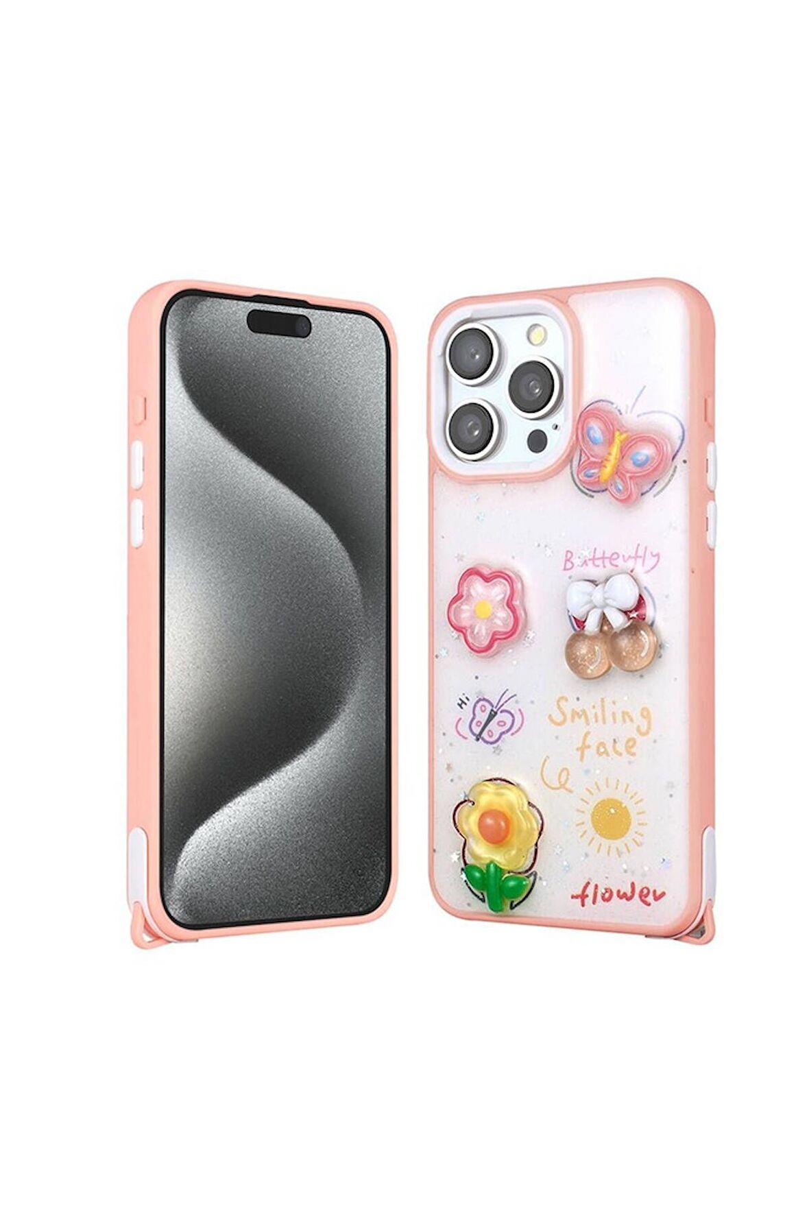 Apple iPhone 15 Pro Max Uyumlu Kılıf Parlayan Sıvılı Simli Kabartma Figürlü Cevze Kapak Pembe