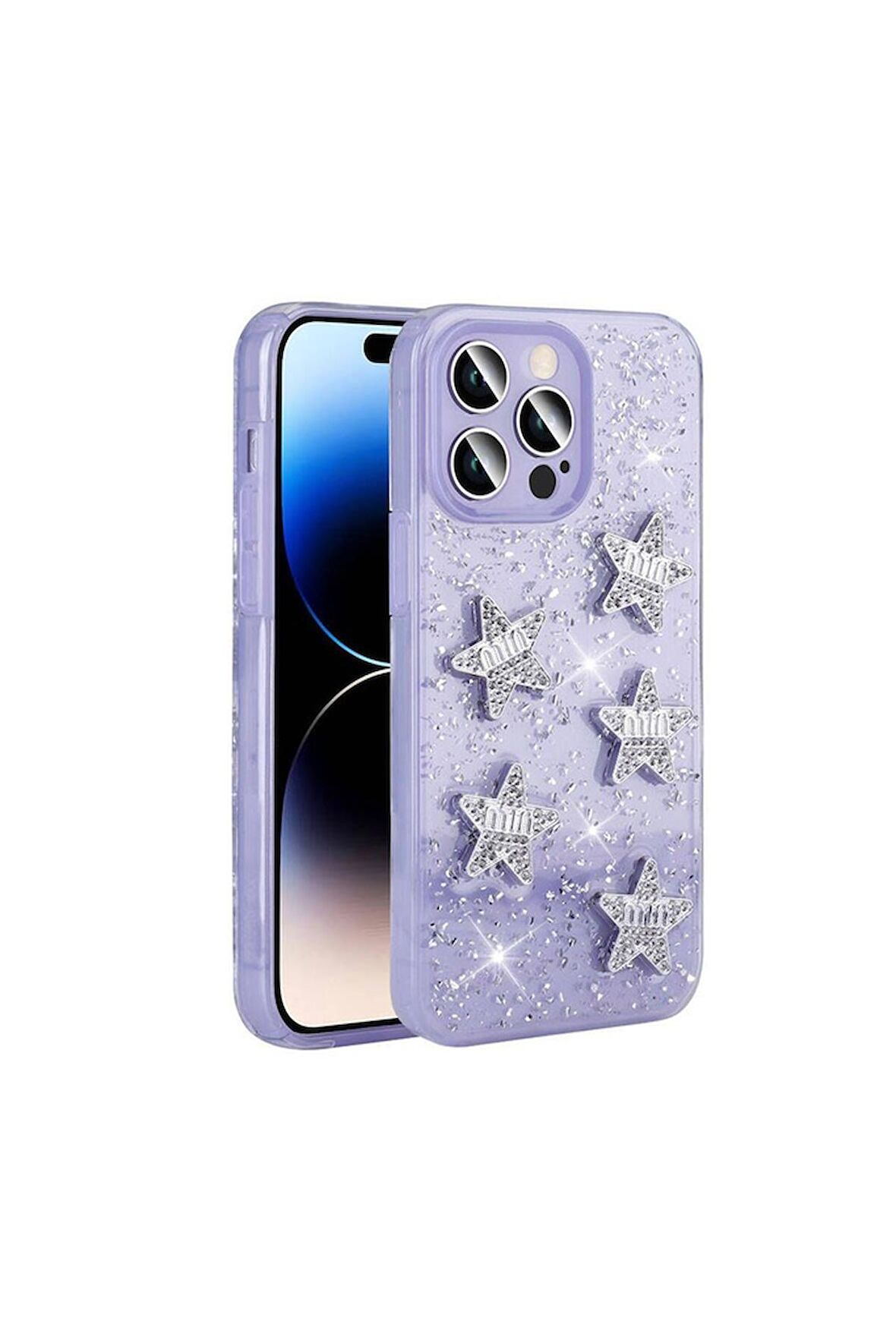 Apple iPhone 14 Pro Max Uyumlu Kılıf Airbagli Simli Arka Yüzey Işıltı Silikon Kapak Lila