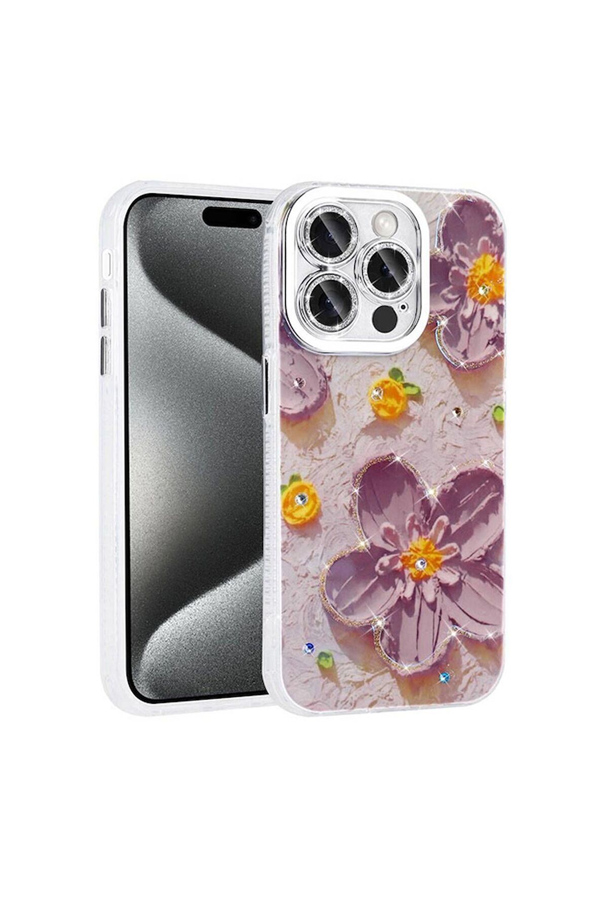 Apple iPhone 14 Pro Max Uyumlu Kılıf Çiçek Desenli Parlak Taşlı Sert Silikon Garden Kapak Mor