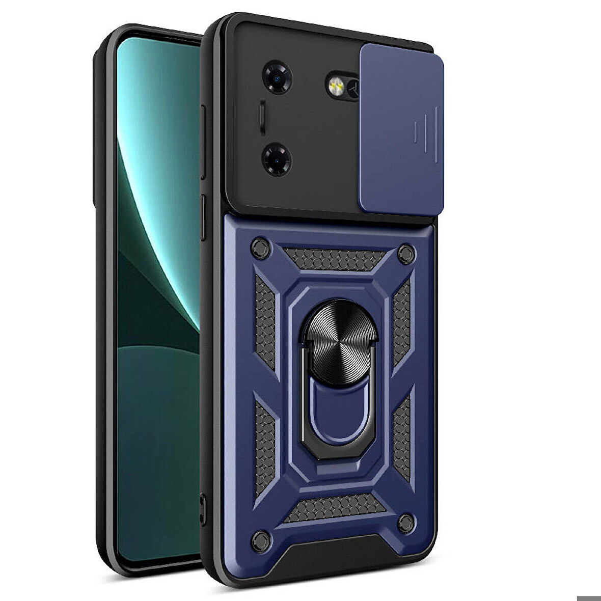Tecno Pova 5 Uyumlu Kılıf Magnetik Standlı Kamera Korumalı Sürgülü Vega Kapak Mavi