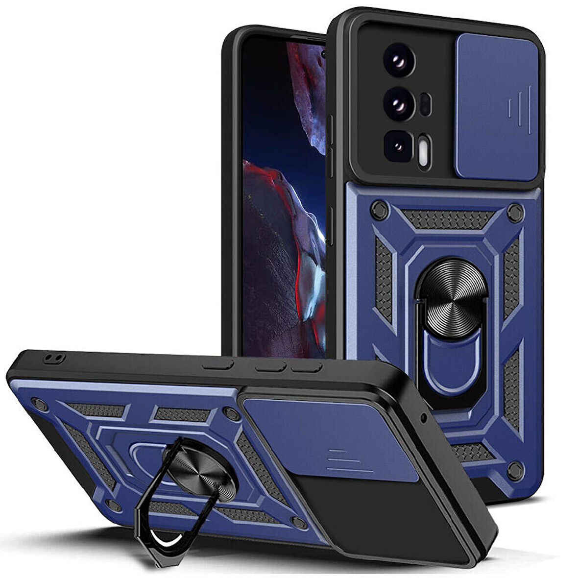 Xiaomi Poco F5 Pro Uyumlu Kılıf Magnetik Standlı Kamera Korumalı Sürgülü Vega Kapak Mavi