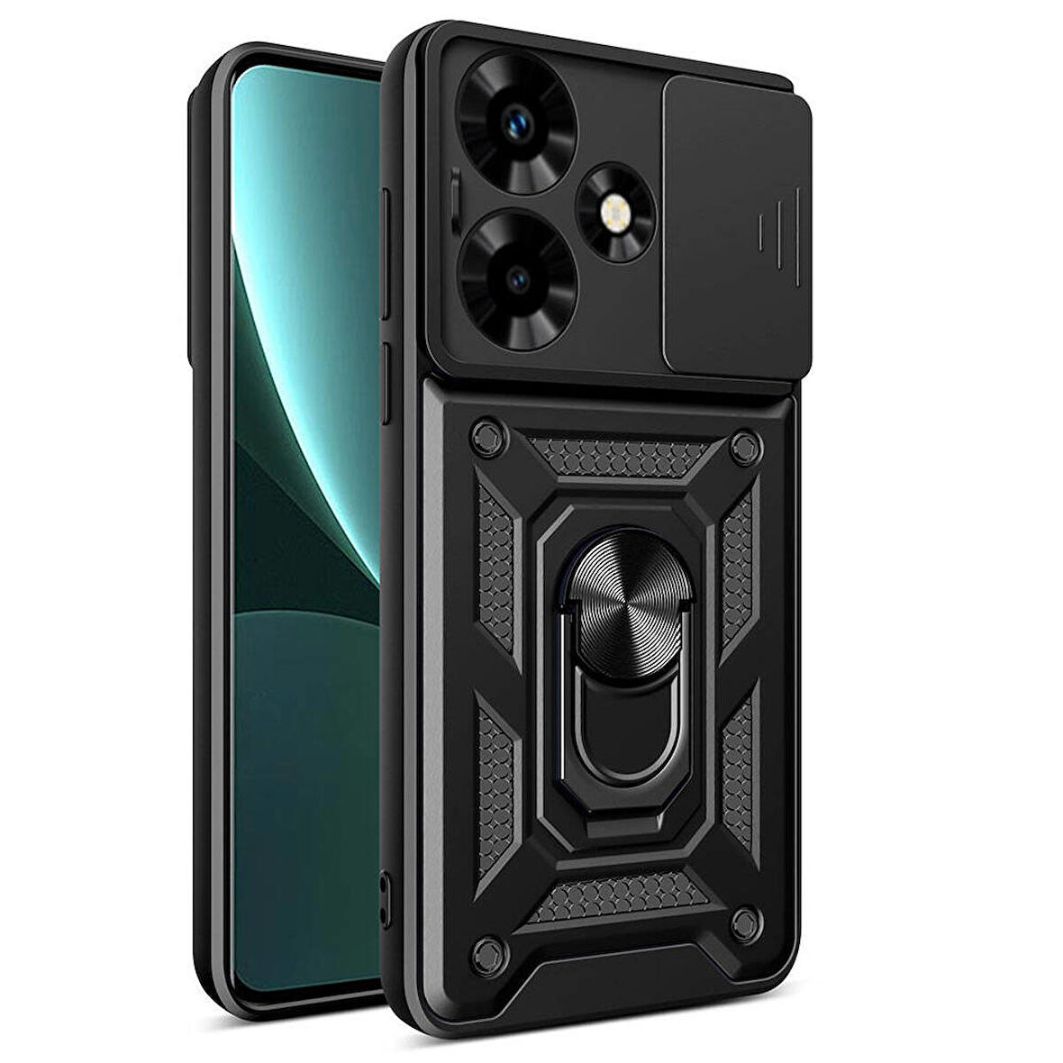 Infinix Hot 30 Uyumlu Kılıf Magnetik Standlı Kamera Korumalı Sürgülü Vega Kapak Siyah