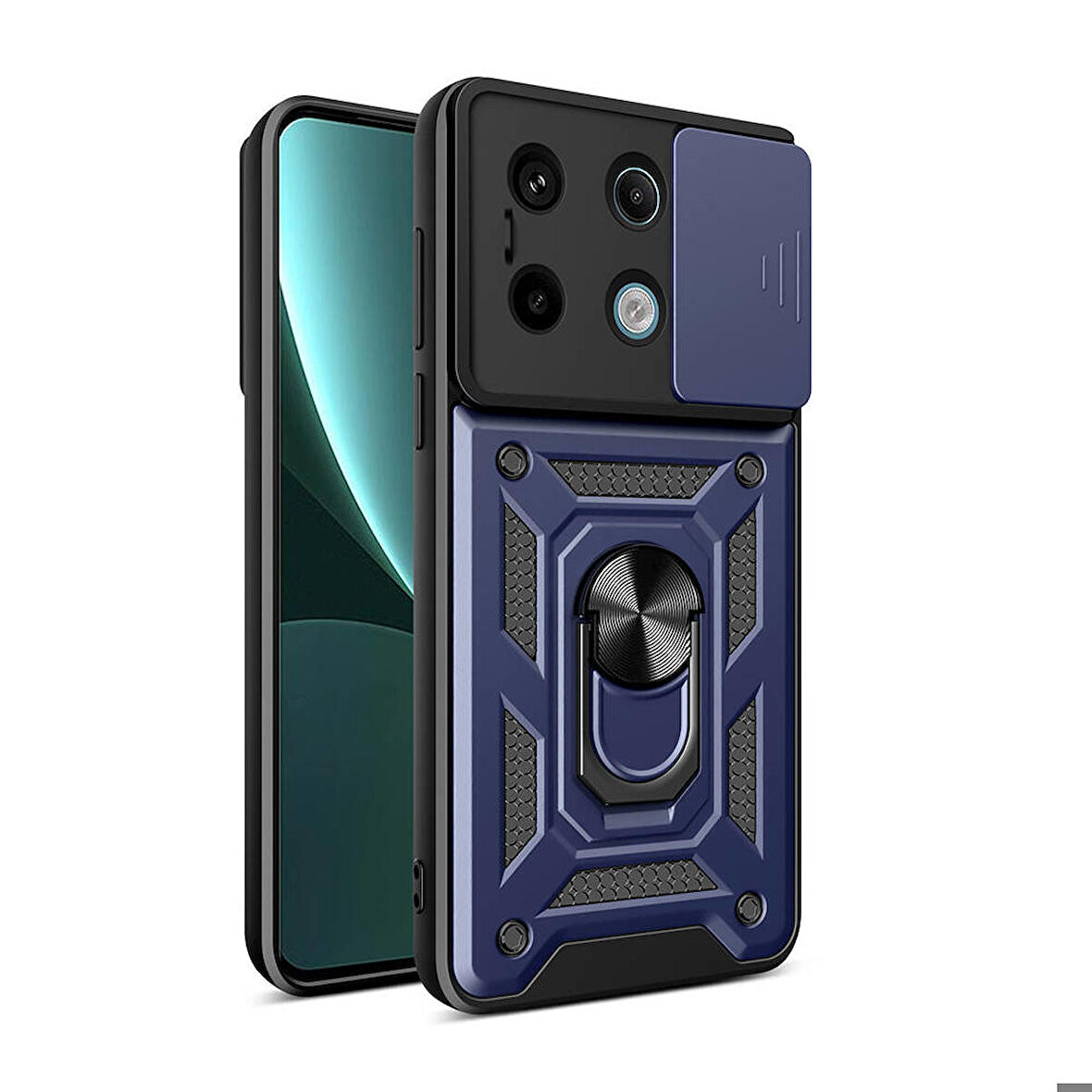 Xiaomi Redmi Note 13 Pro 5G Uyumlu Kılıf Magnetik Standlı Kamera Korumalı Sürgülü Vega Kapak Mavi