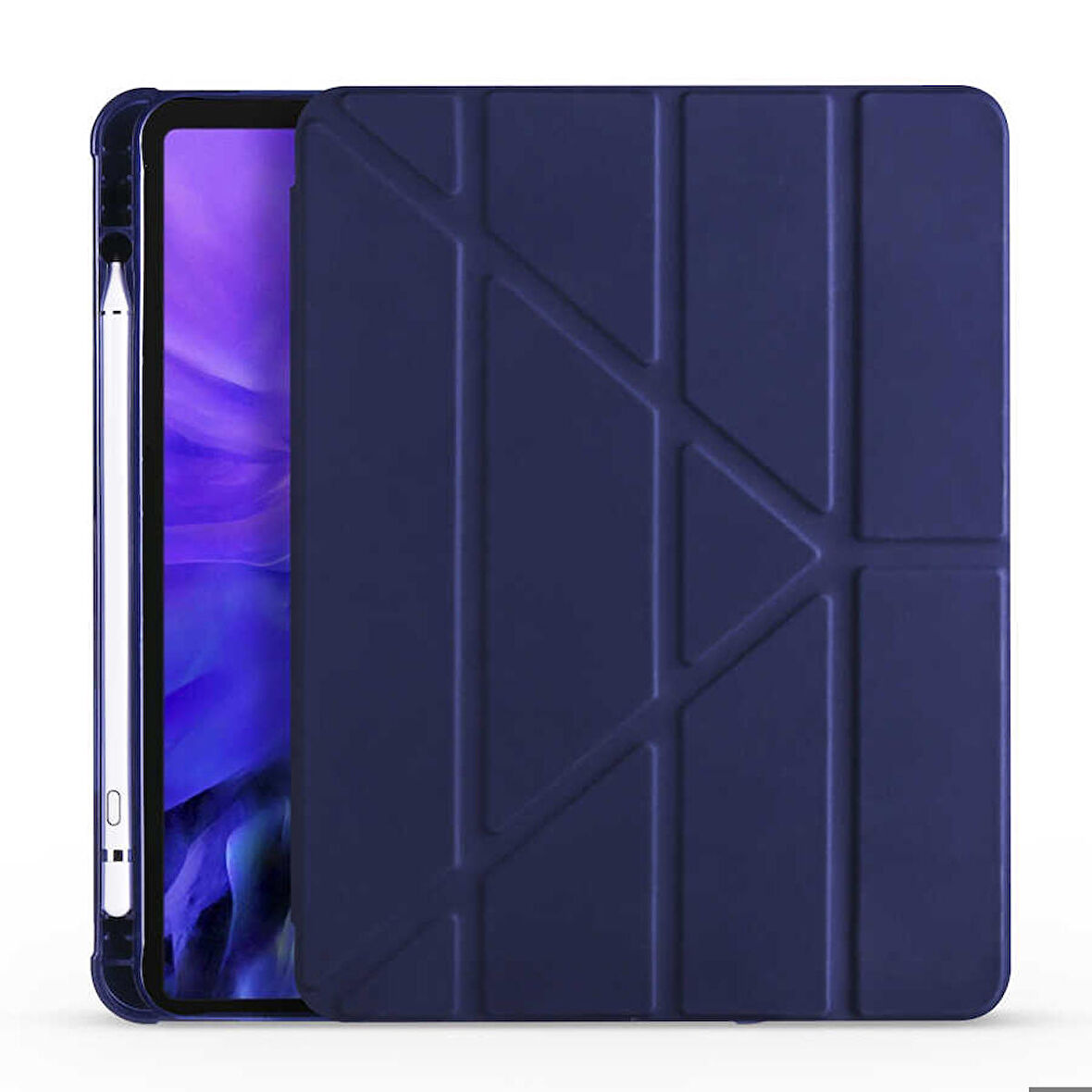 Apple iPad Air 11 2024 Uyumlu Tablet Kılıfı Tri Folding Kalem Bölmeli Standlı Katlanabilir Kılıf Lacivert