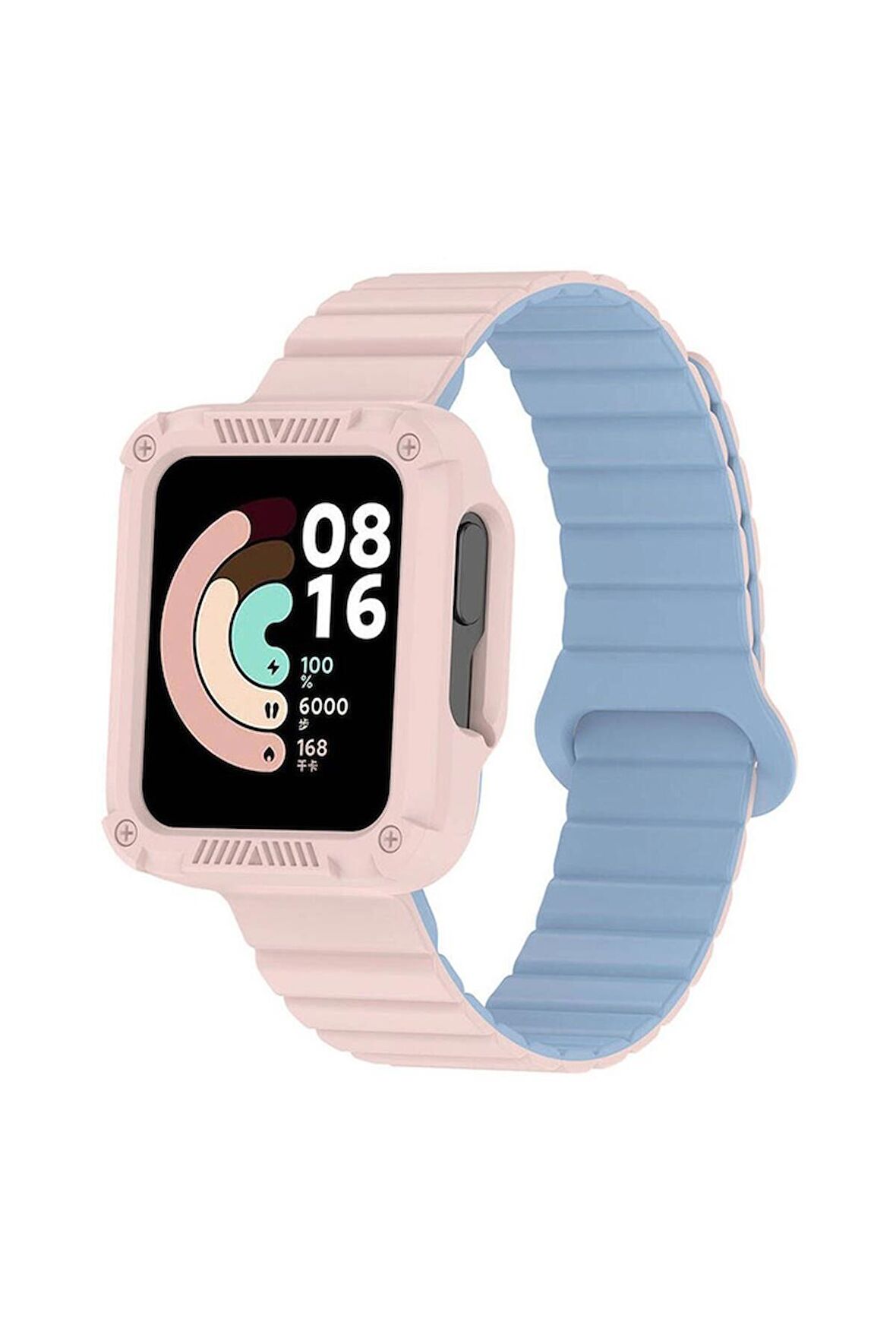 Xiaomi Redmi Watch 1 Uyumlu Kordon Silikon Baklalı Esnek Yumuşak Kayış KRD-105 Pembe-Mavi