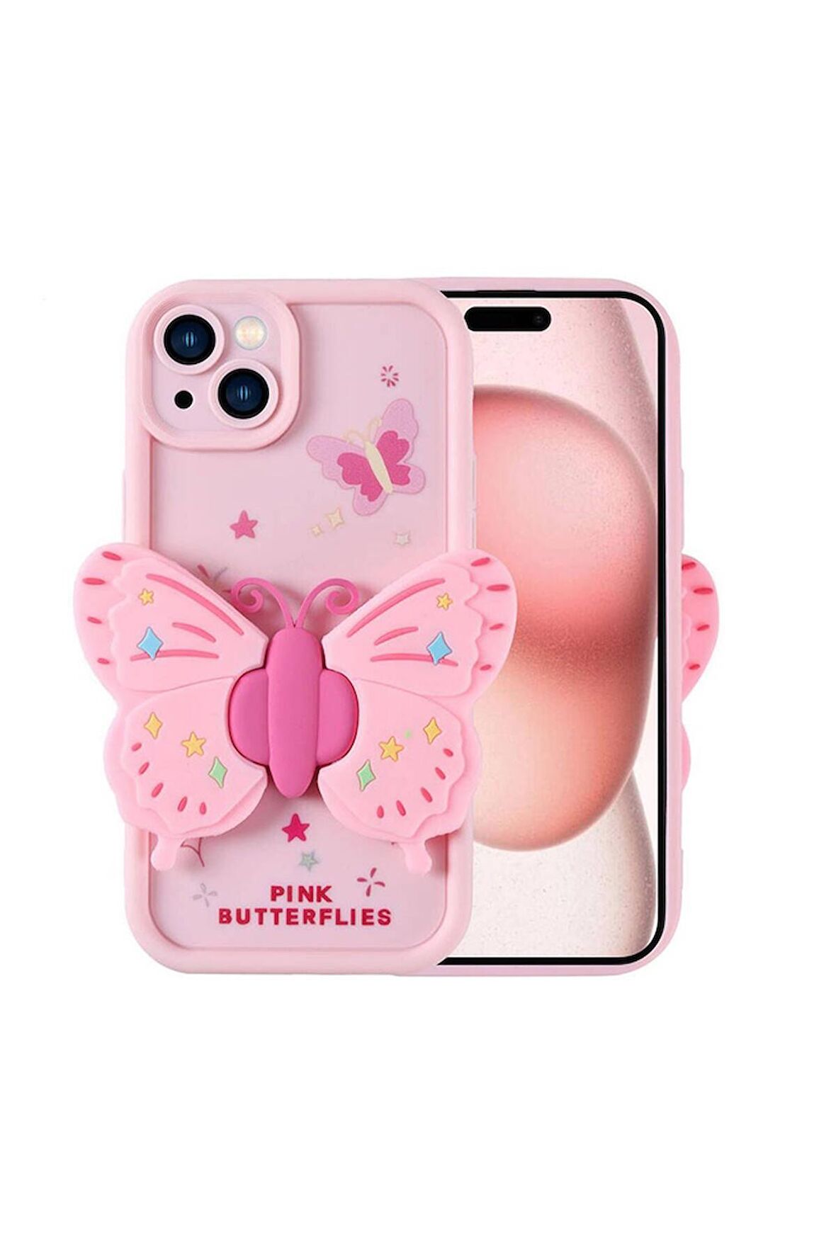 Apple iPhone 15 Uyumlu Kılıf Kamera Korumalı Kabartmalı Yaz Figür Tasarımlı Kapya Kapak Pembe Açık