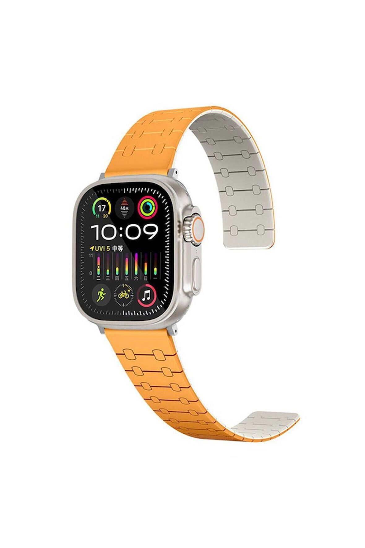 Apple Watch 3/4/5/6/7/8/9 Se 42-44-45 Mm Uyumlu Kordon Çizgili Desenli Silikon Kayış KRD-111  Turuncu