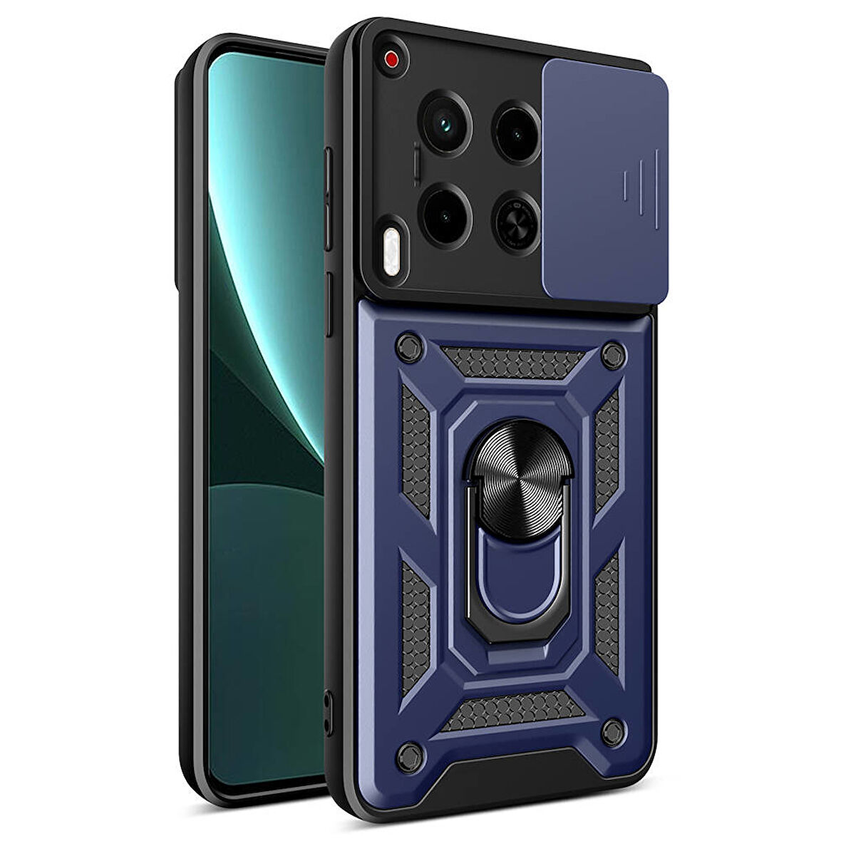 Tecno Camon 30 Uyumlu Kılıf Magnetik Standlı Kamera Korumalı Zore Sürgülü Vega Kapak Mavi