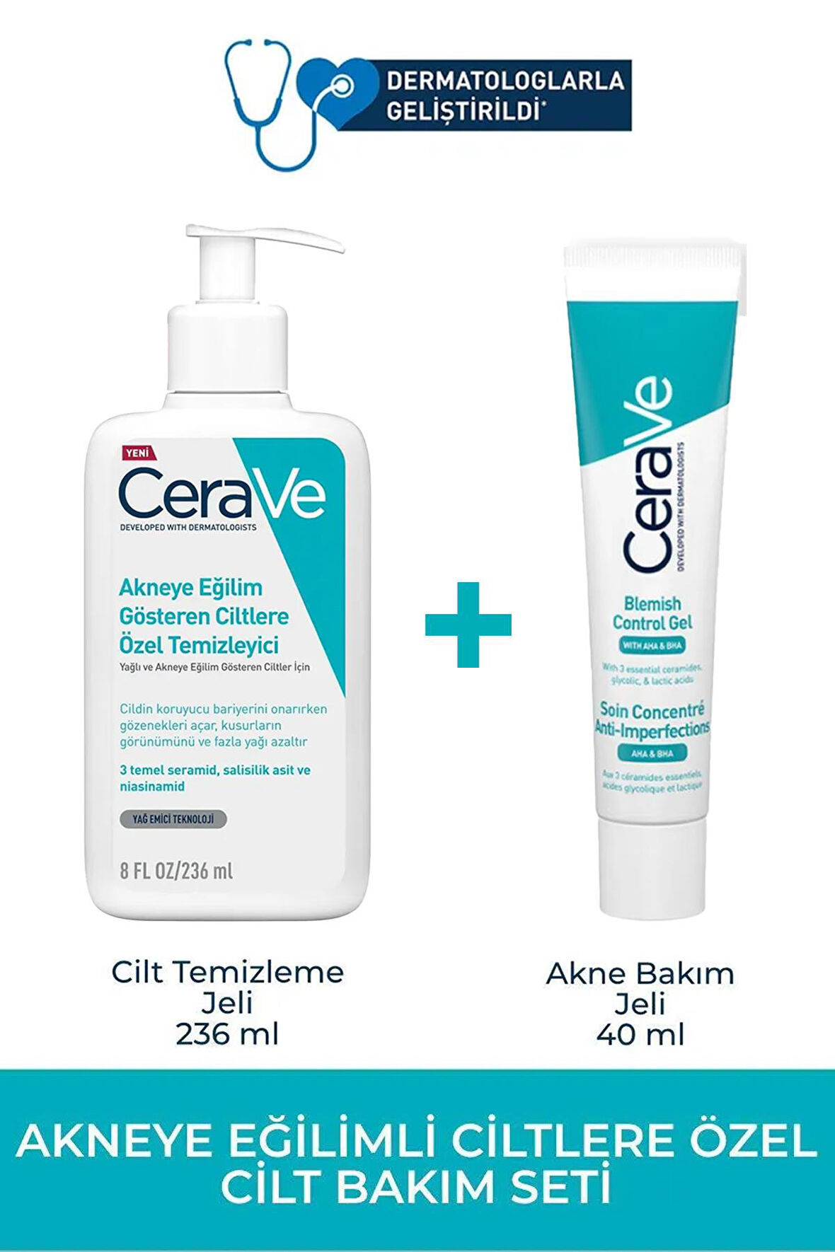 Cerave Yağlı ve Akneye Eğilim Gösteren Ciltlere Özel Temizleyici Jel 236 ML + Bakım Jeli 40 ML