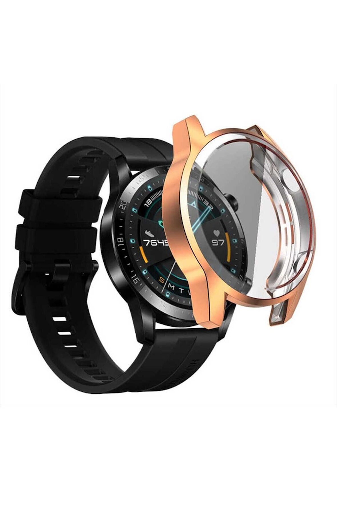 Huawei GT2 46 Mm Kasa Koruyucu Silikon Darbe Emici Tam Koruma Silikon Ekran Koruyucu Gard 02 Rose Gold