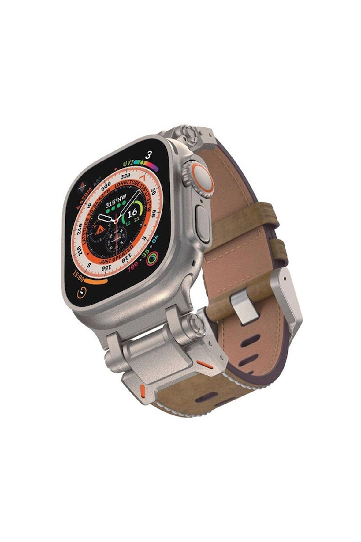 Apple Watch Seri 8 Ultra 49 Mm Uyumlu Deri Kordon Metal Klipsli Luxury Kayış KRD-114
 Taba