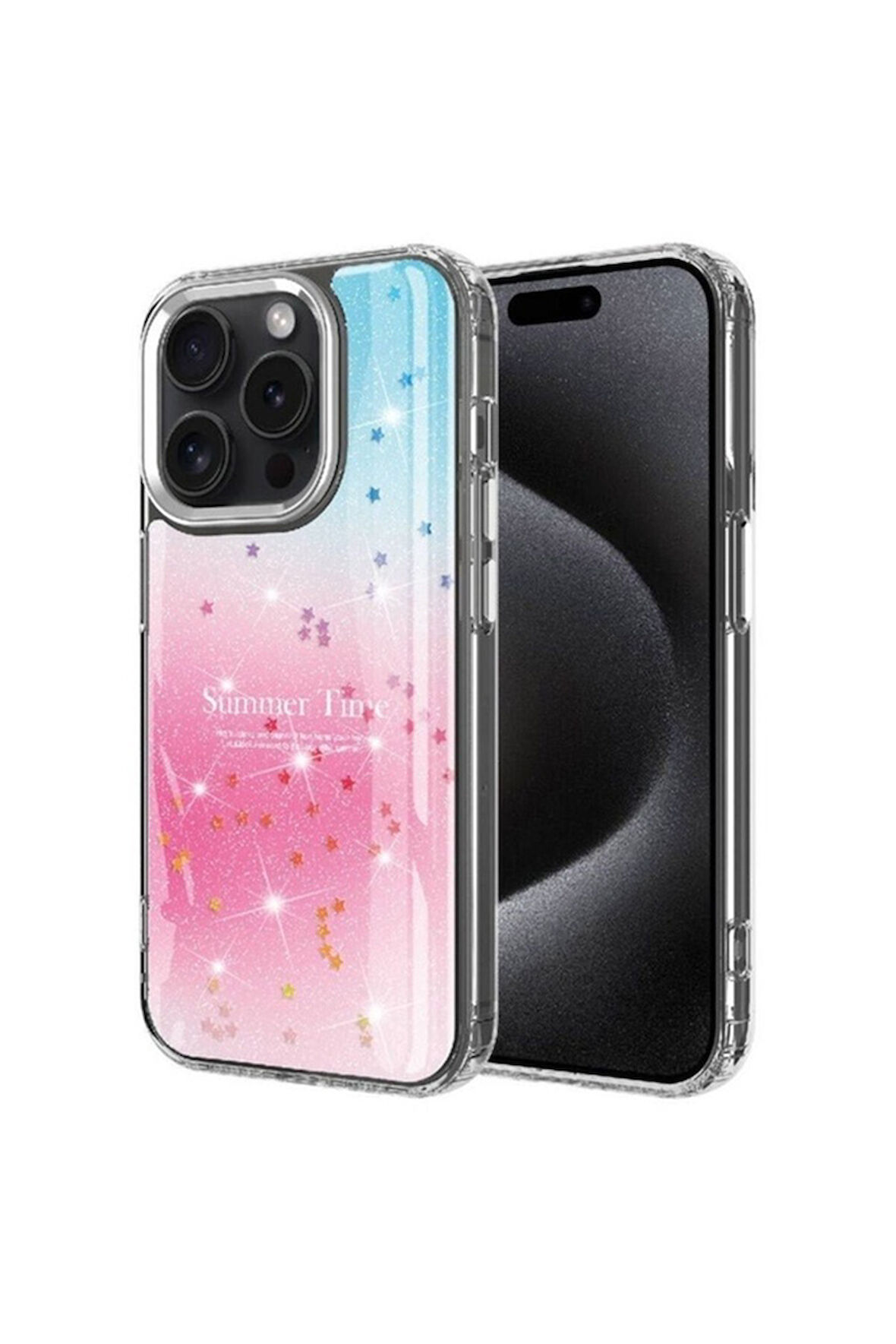 Apple iPhone 15 Pro Uyumlu Kılıf Simli Desenli Parlak Zore Task Kapak Pembe