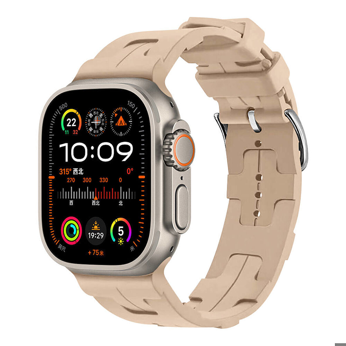 Apple Watch Ultra 49mm Uyumlu Kordon Silikon Yumuşak Esnek Metal Klipsli KRD-92 Kayış Kahve Açık
