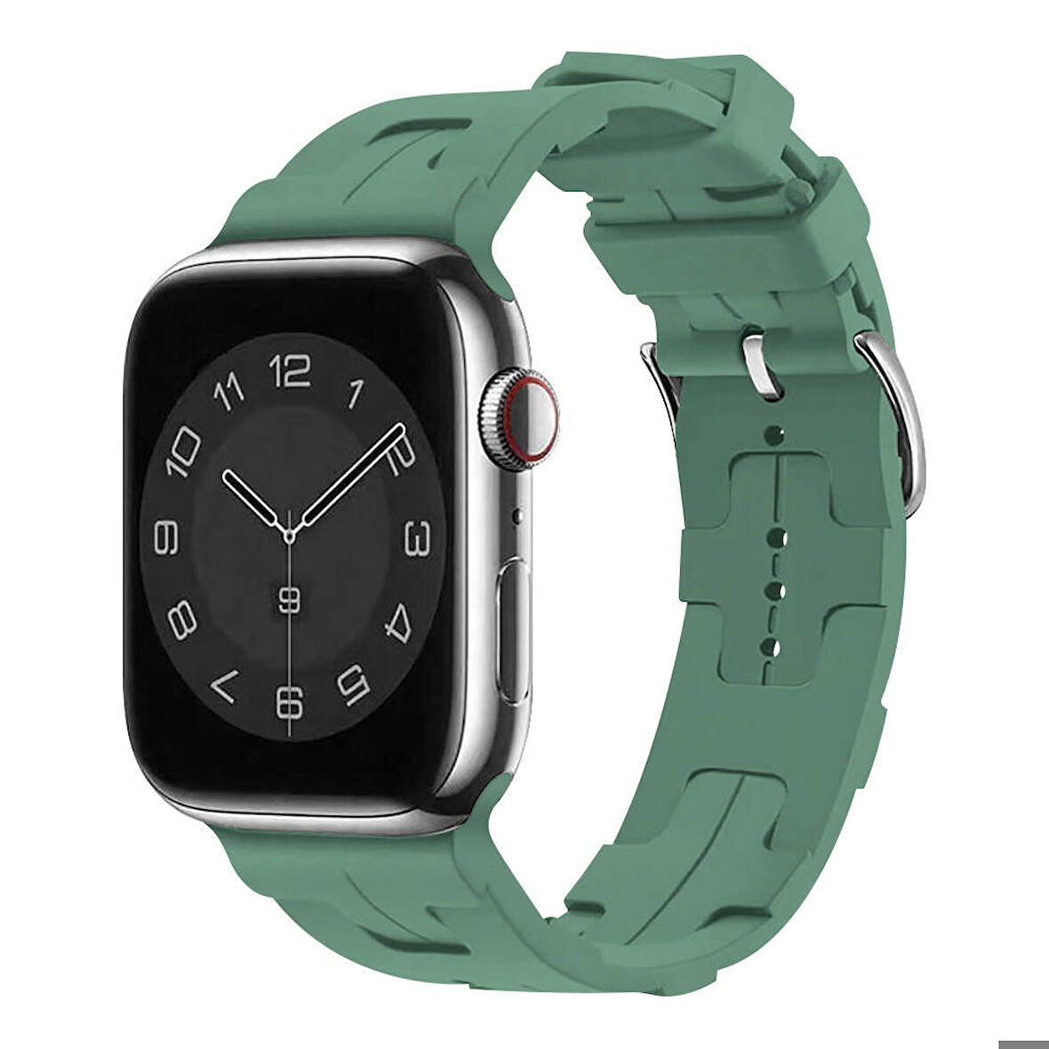 Apple Watch 7 45mm Uyumlu Kordon Silikon Yumuşak Esnek Metal Klipsli KRD-92 Kayış Petrol Yeşil