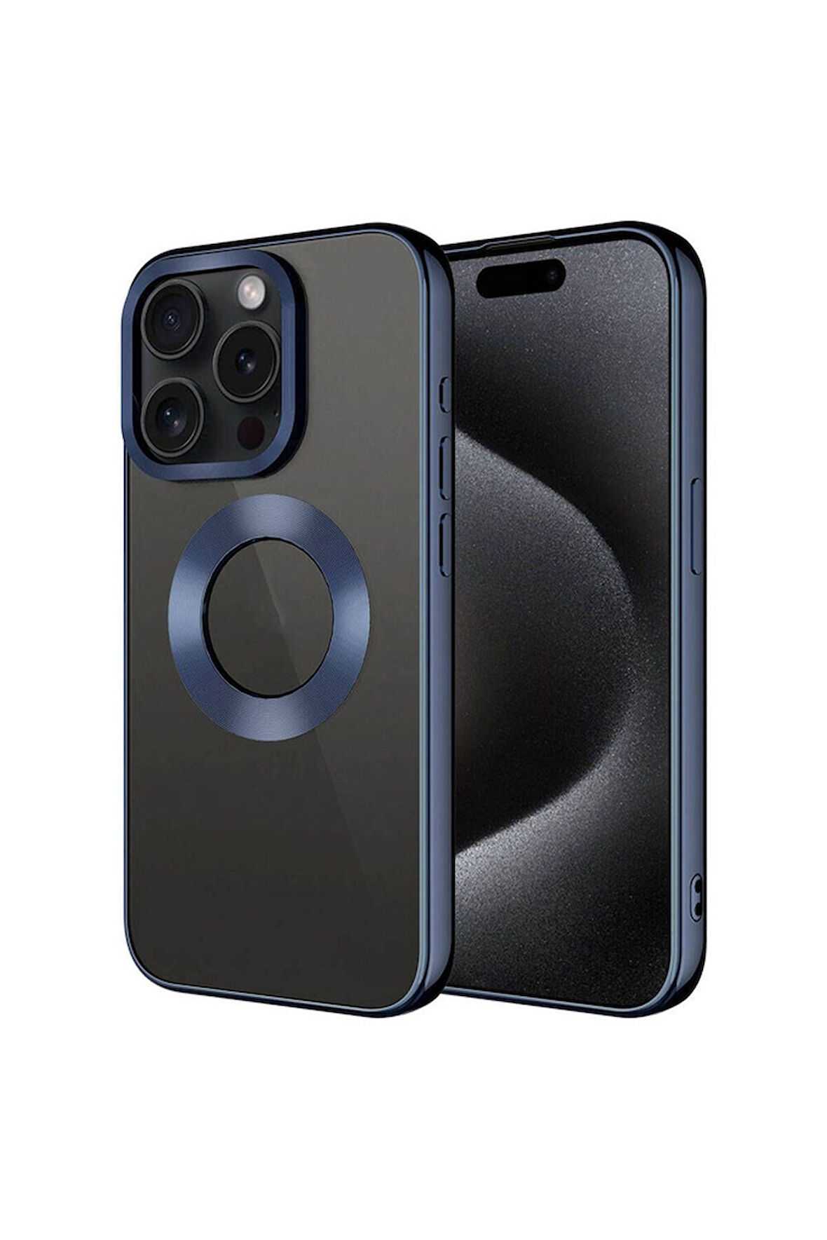 Apple iPhone 15 Pro Uyumlu Kılıf Tek Kamera Çerçeveli Logo Gösteren Zore Omega Kapak Lacivert