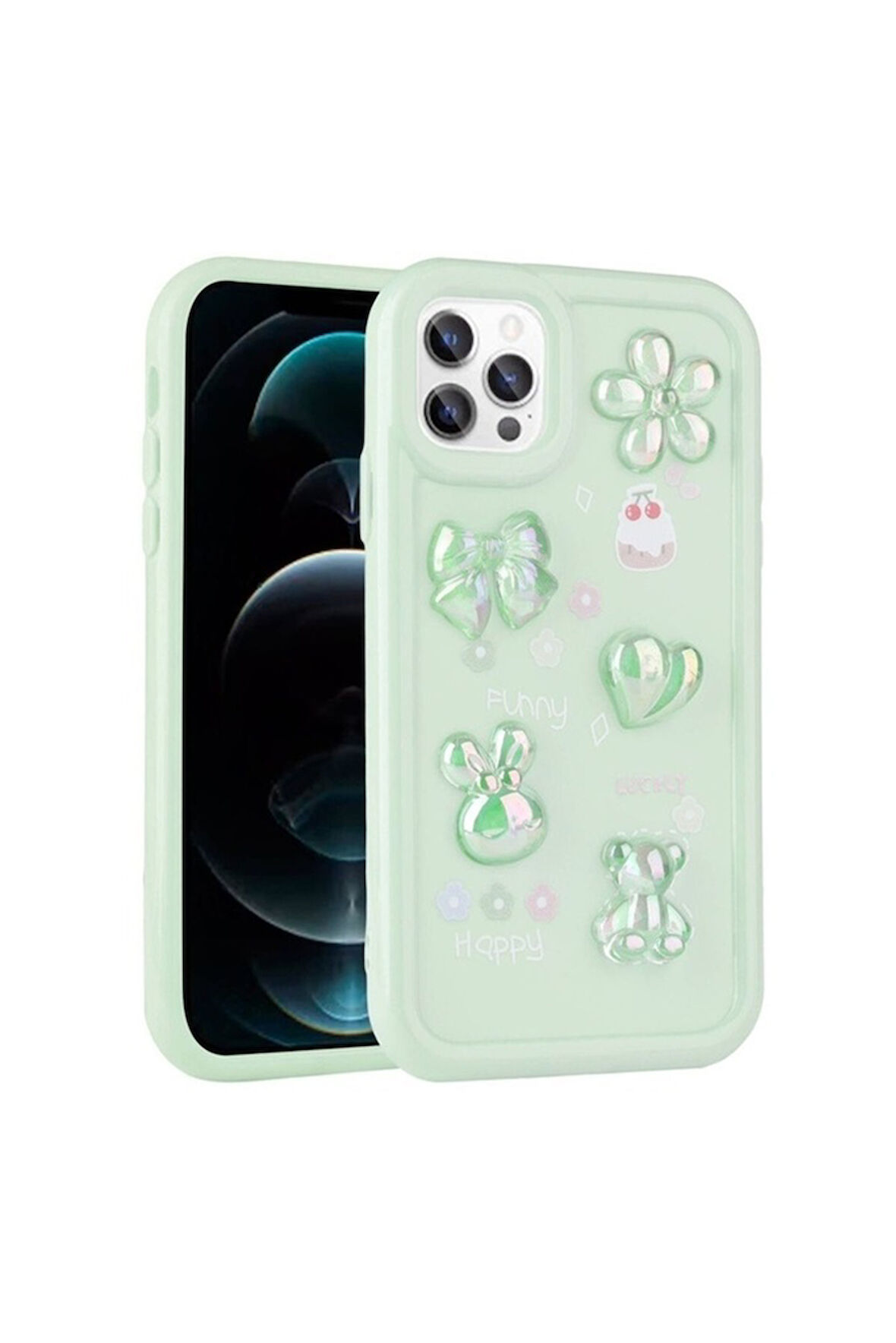 Apple iPhone 13 Pro Uyumlu Kılıf Kabartma Figürlü Parlak Zore Toys Silikon Kapak Açık Yeşil