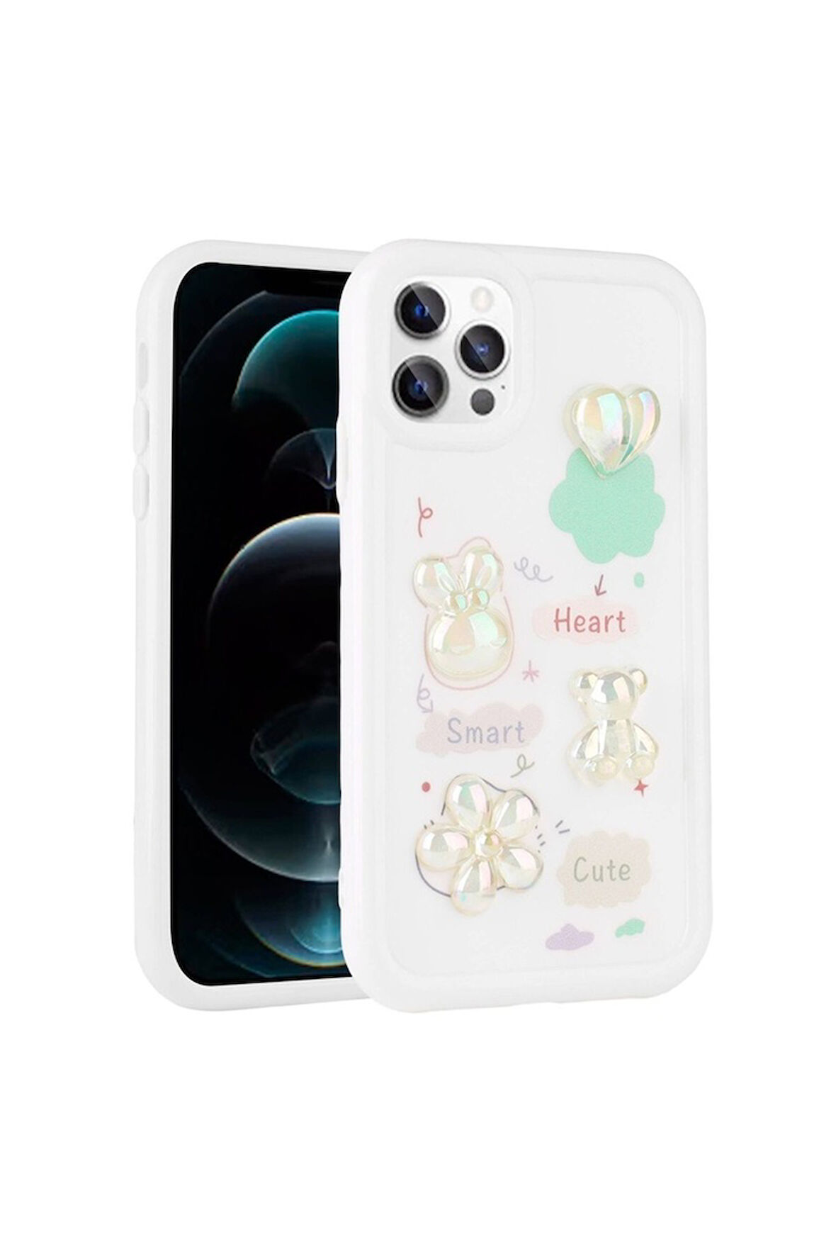 Apple iPhone 13 Pro Max Uyumlu Kılıf Kabartma Figürlü Parlak Zore Toys Silikon Kapak Beyaz