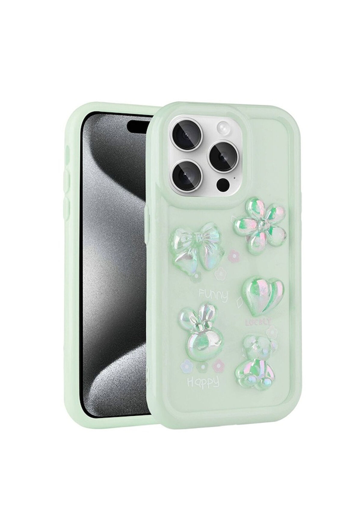Apple iPhone 15 Pro Max Uyumlu Kılıf Kabartma Figürlü Parlak Zore Toys Silikon Kapak Açık Yeşil
