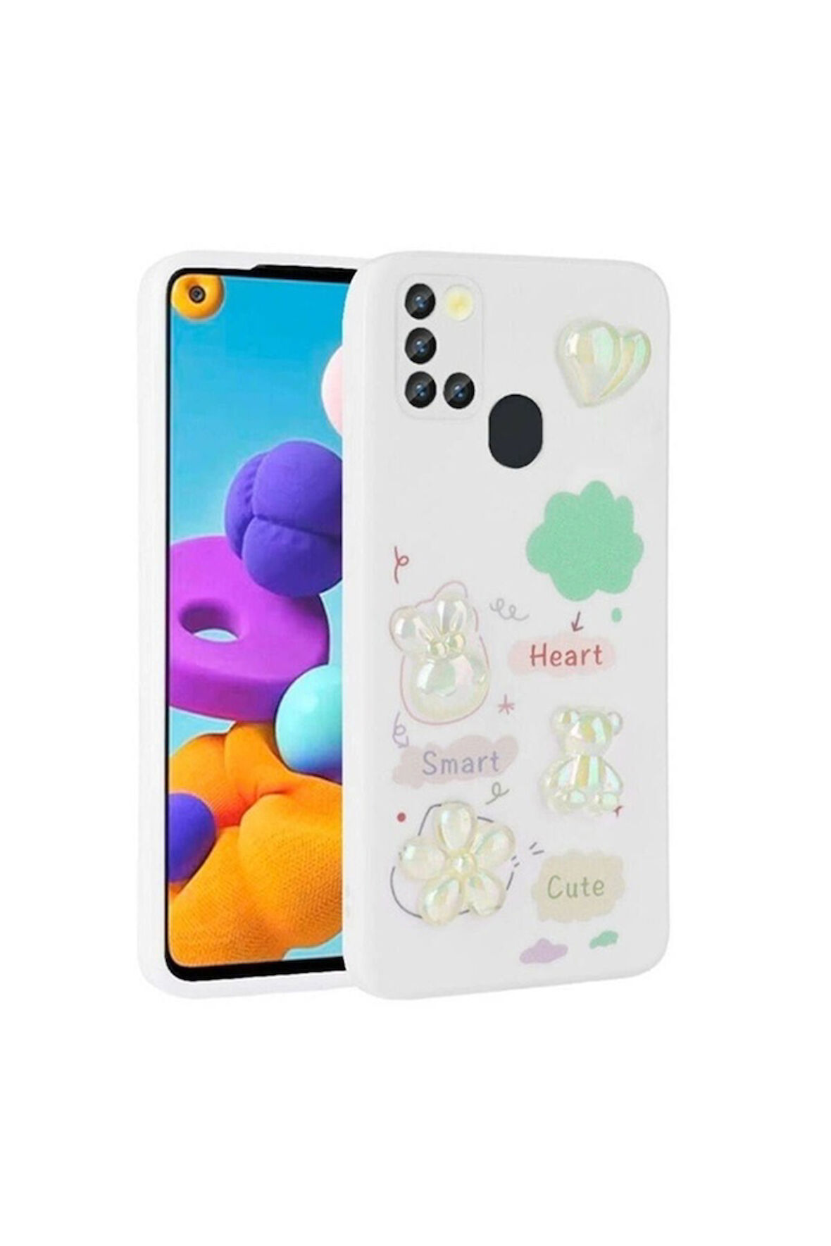 Samsung Galaxy A21S Uyumlu Kılıf Kabartma Figürlü Parlak Zore Toys Silikon Kapak Beyaz