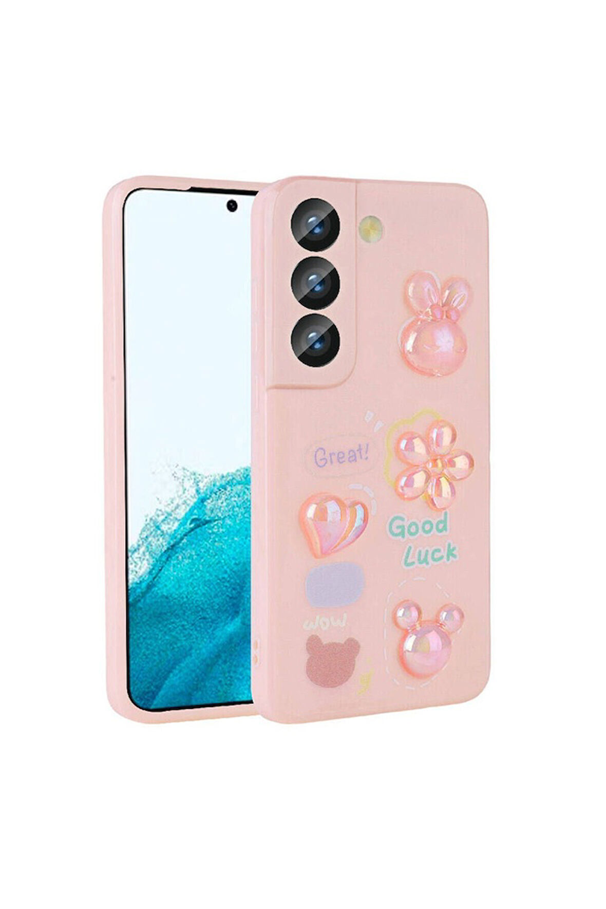 Samsung Galaxy S21 FE Uyumlu Kılıf Kabartma Figürlü Parlak Zore Toys Silikon Kapak Pembe