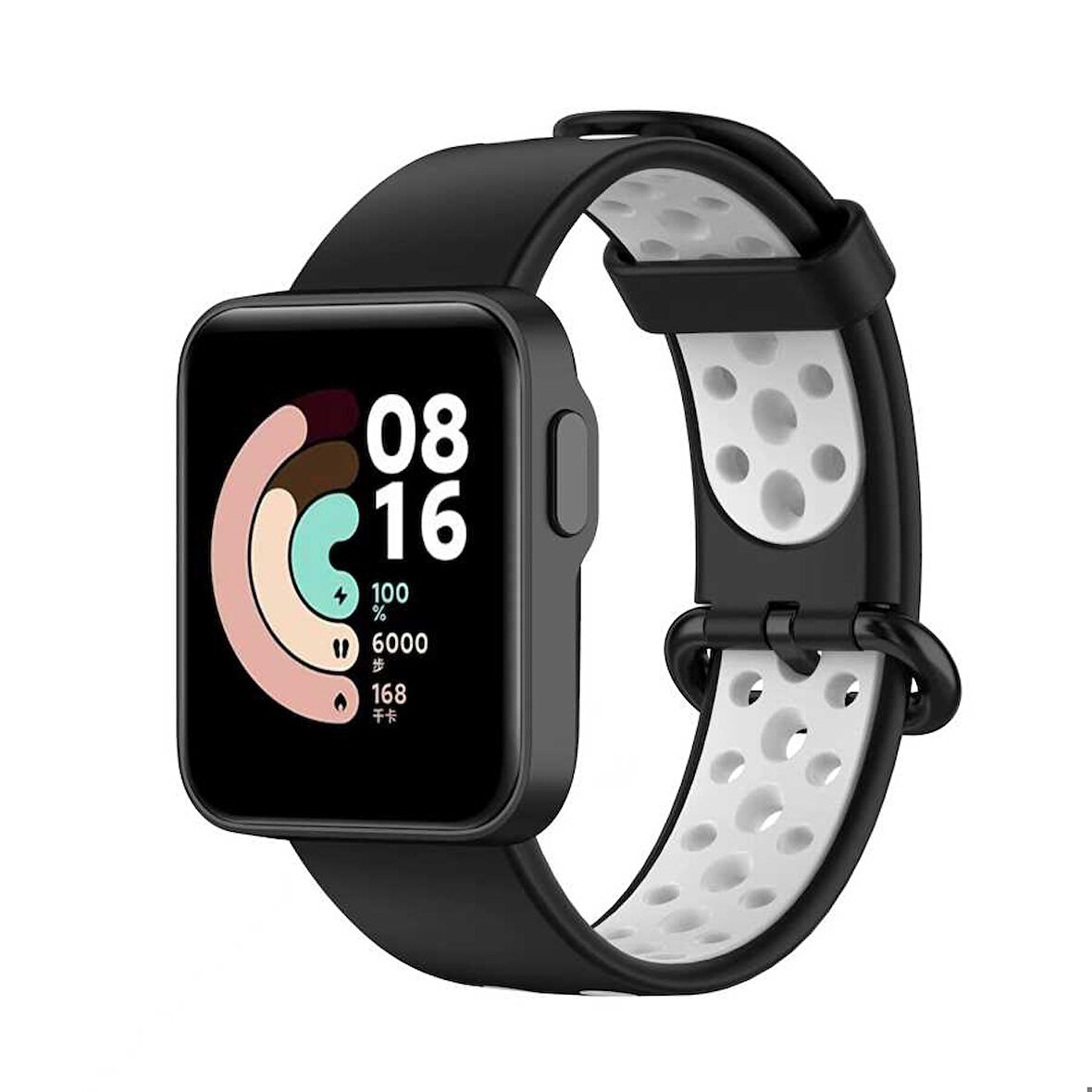 Xiaomi Redmi Watch 2 Lite Uyumlu Kordon Silikon Esnek Yumuşak Delikli Spor KRD-02 Kayış Siyah-Beyaz