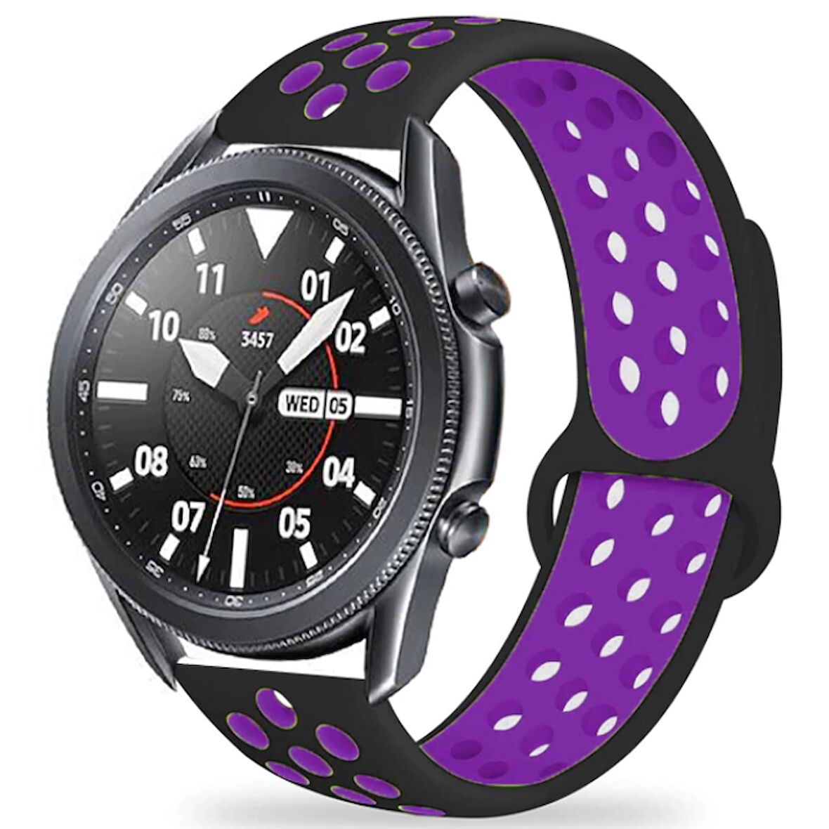 Huawei GT2 46mm 22mm Uyumlu Kordon Silikon Esnek Yumuşak Delikli Spor KRD-02 Kayış Siyah-Mor