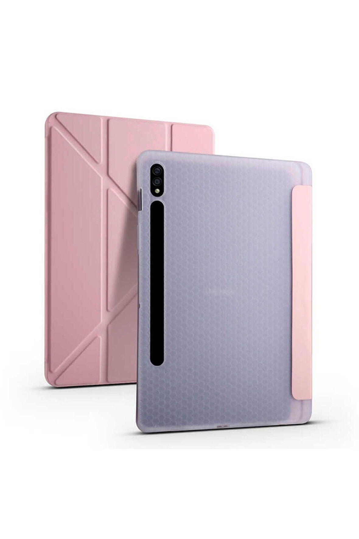 Samsung Galaxy Tab S7 Plus T970 Uyumlu Kılıf Zore Tri Folding Kalem Bölmeli Standlı Kılıf Rose Gold