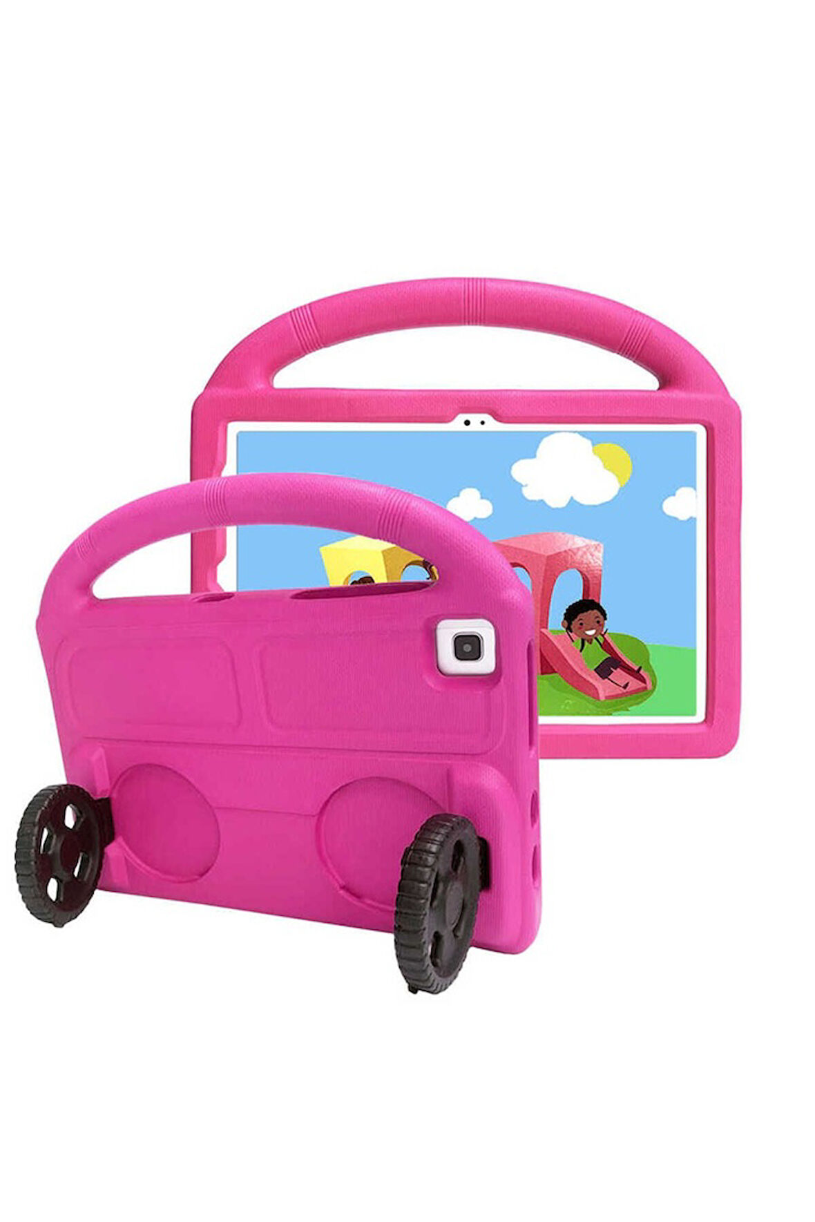 Samsung Galaxy Tab S6 Lite P610 Uyumlu Zore Wheel Car Tekerlek Standlı Tablet Eva Silikon Kılıf Pembe