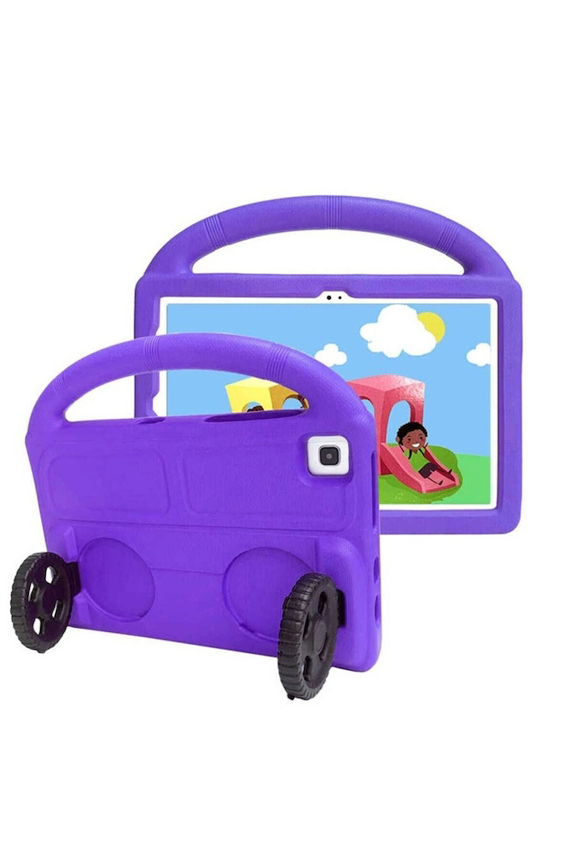 Samsung Galaxy Tab A7 10.4 T500 2020 Uyumlu Zore Wheel Car Tekerlek Standlı Tablet Eva Silikon Kılıf Mor