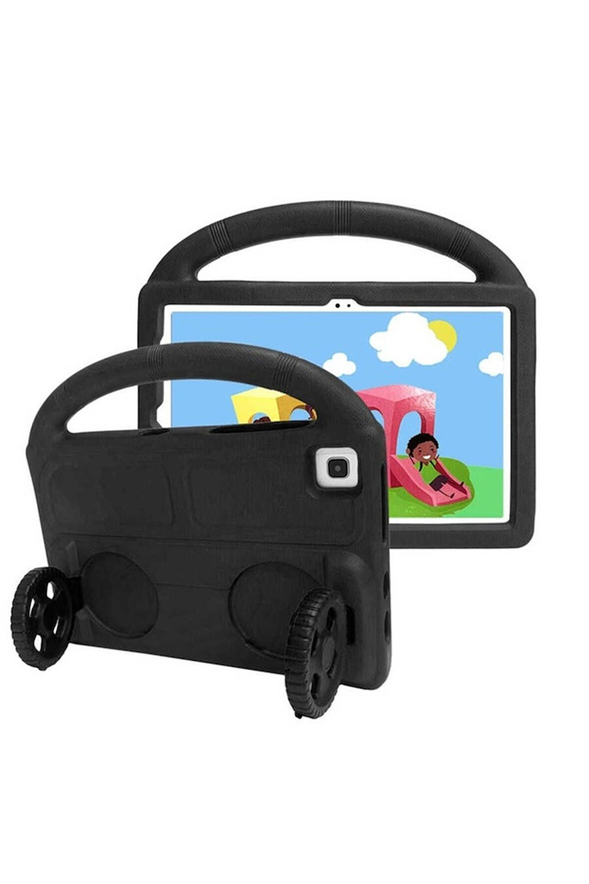 Samsung Galaxy Tab A7 10.4 T500 2020 Uyumlu Zore Wheel Car Tekerlek Standlı Tablet Eva Silikon Kılıf Siyah