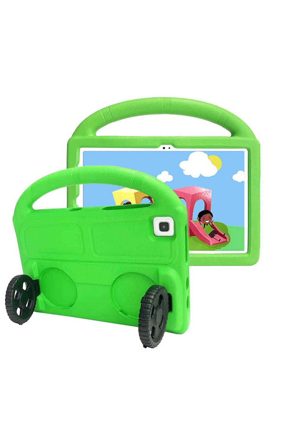 Lenovo M10 Plus TB-X606F Uyumlu Zore Wheel Car Tekerlek Standlı Tablet Eva Silikon Kılıf Yeşil